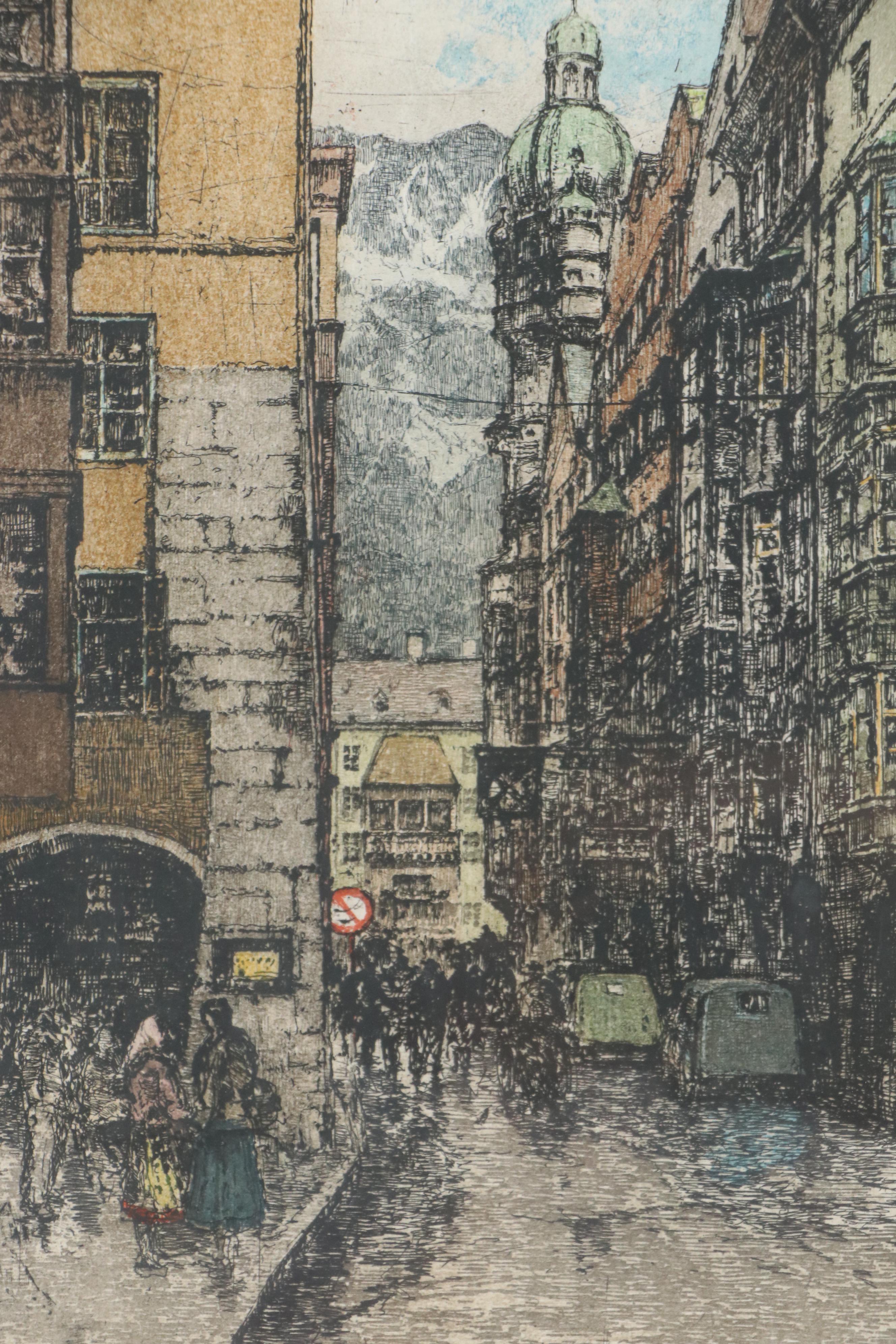 Luigi Kasimir Etching With Aquatint "Innsbruck, Golden Roof"