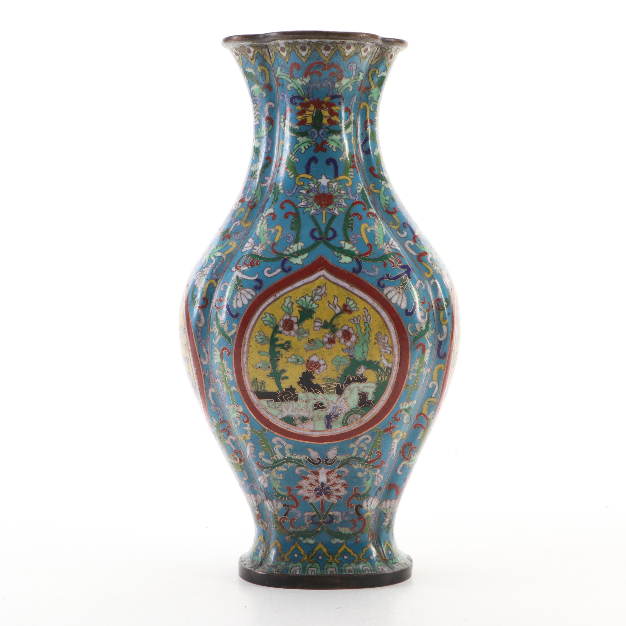 Pair of Chinese Cloisonné Blue Floral Vases