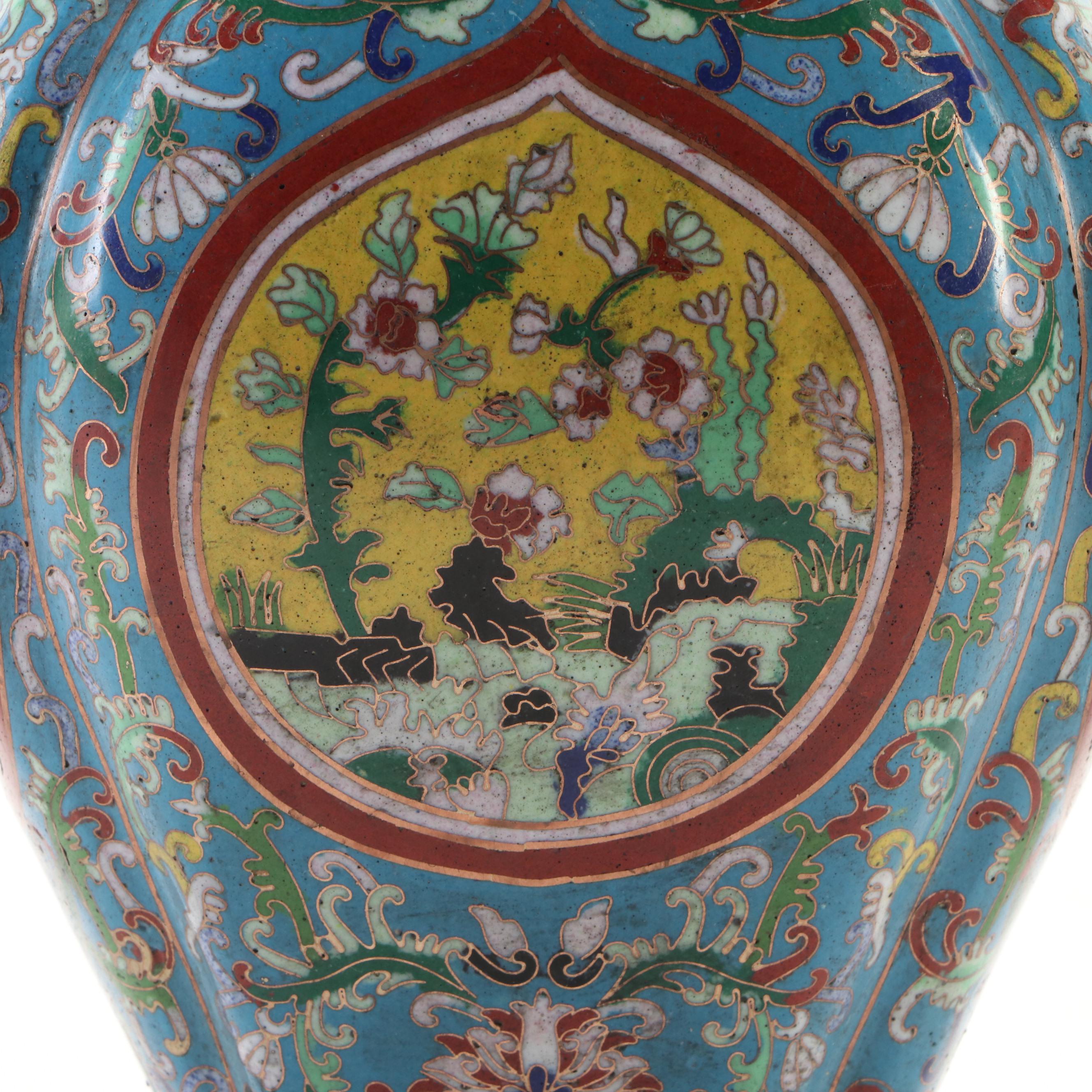 Pair of Chinese Cloisonné Blue Floral Vases