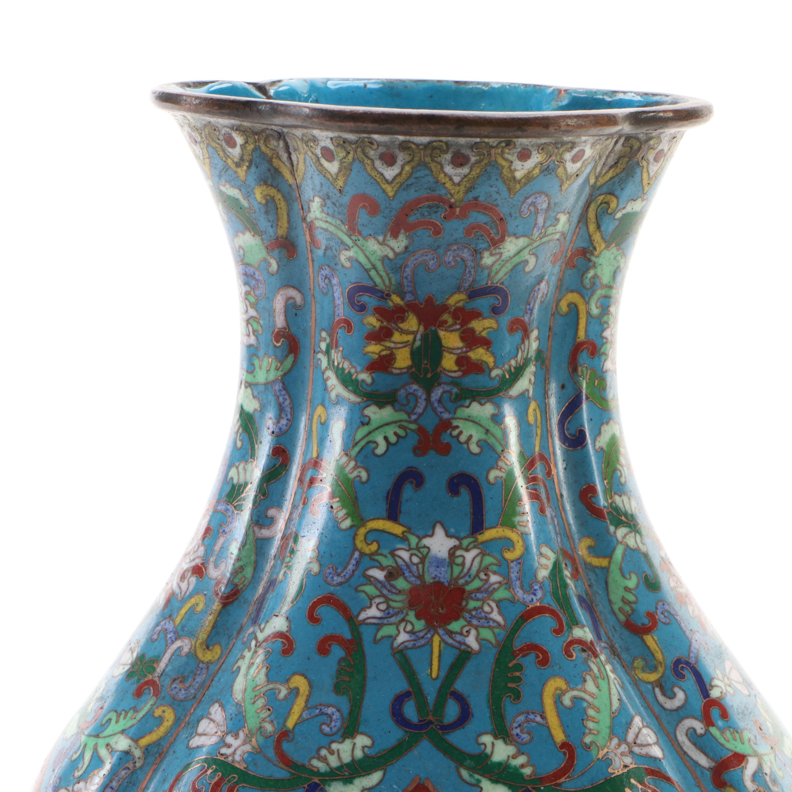 Pair of Chinese Cloisonné Blue Floral Vases