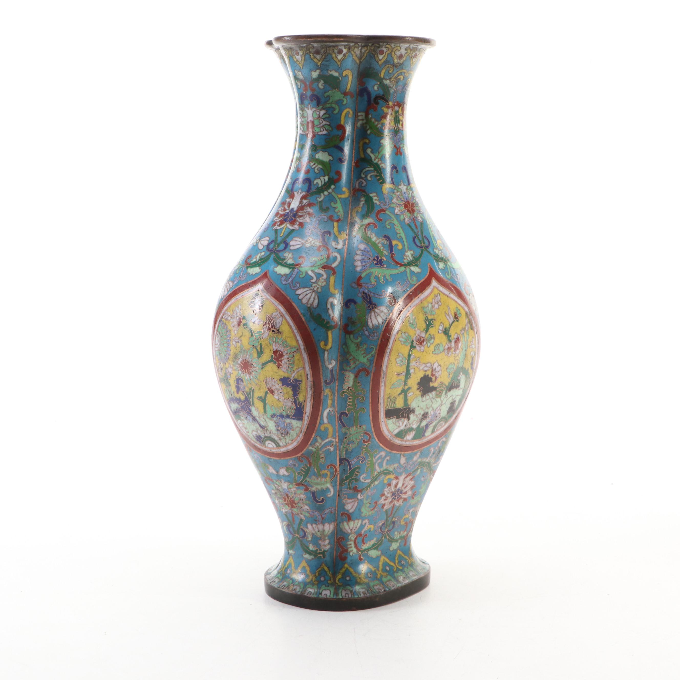 Pair of Chinese Cloisonné Blue Floral Vases