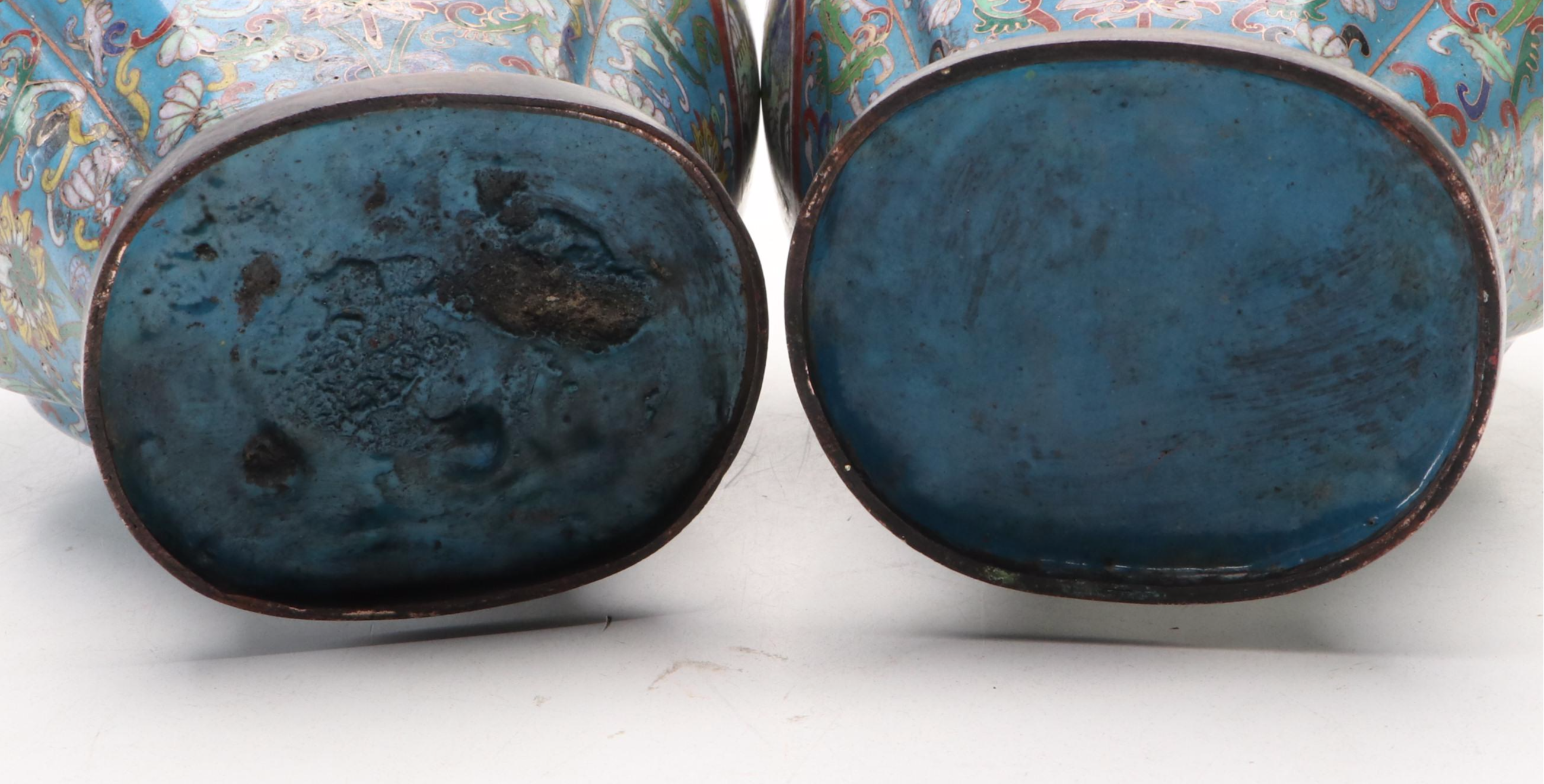 Pair of Chinese Cloisonné Blue Floral Vases