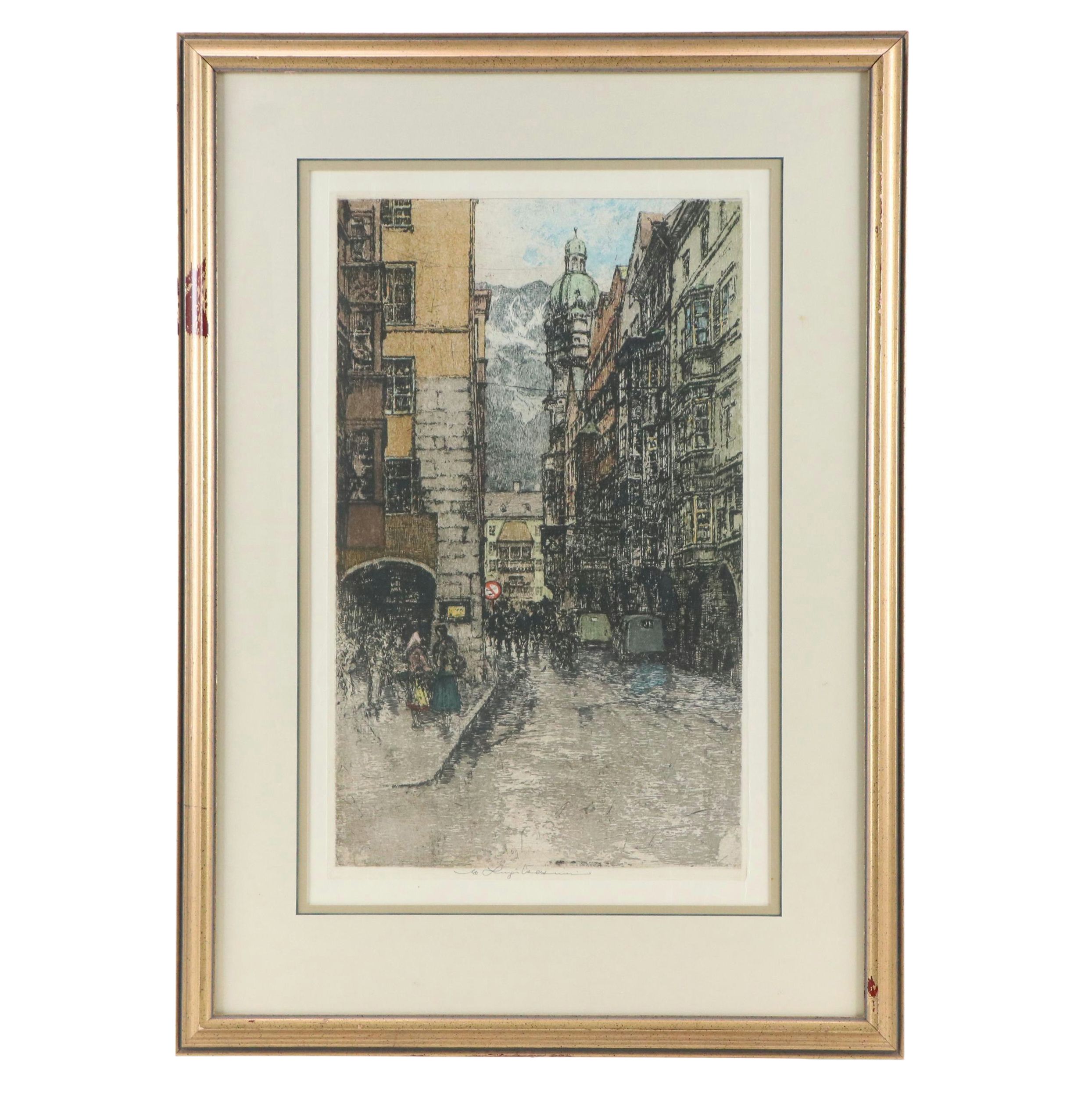 Luigi Kasimir Etching With Aquatint "Innsbruck, Golden Roof"
