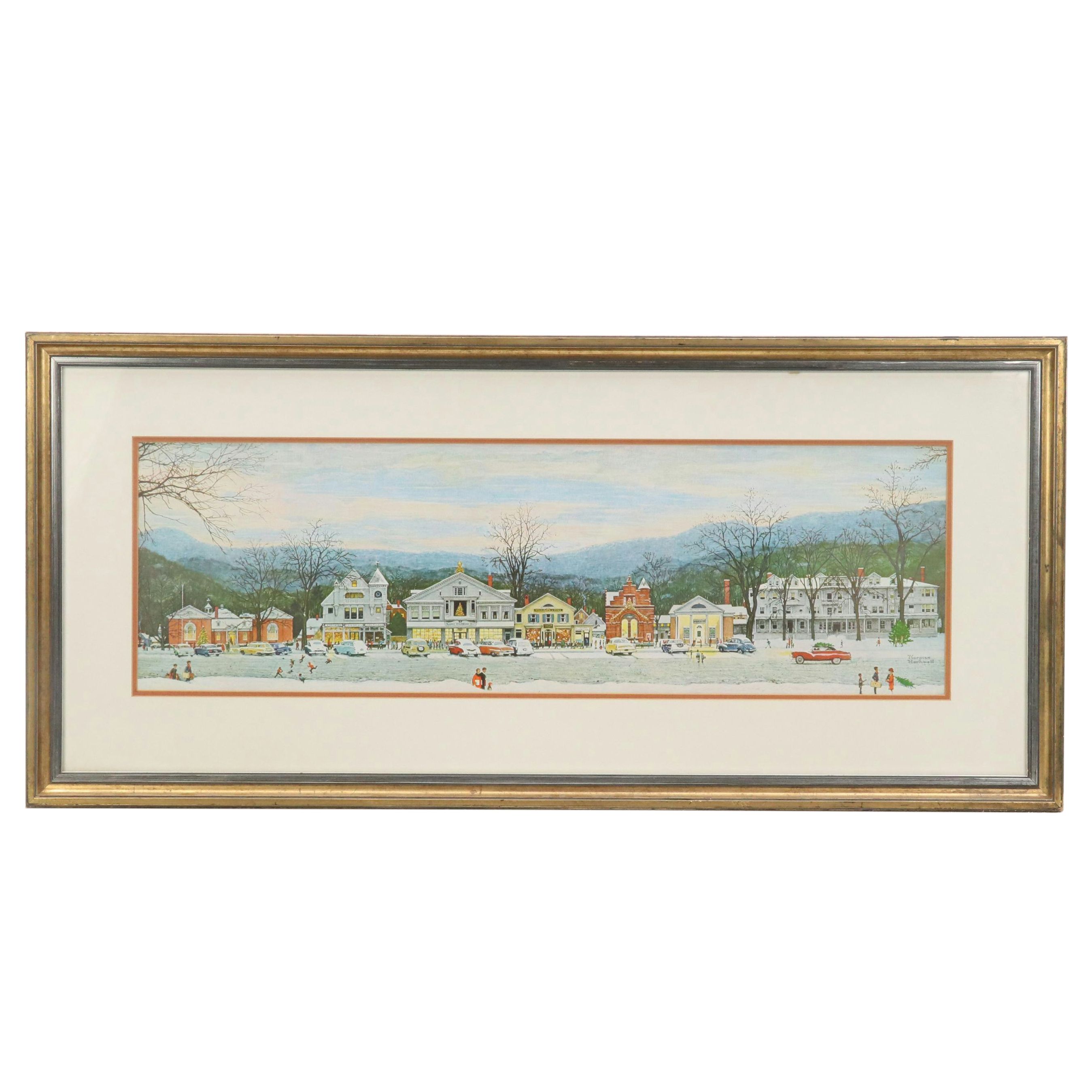 After Norman Rockwell Offset Lithograph "Stockbridge Main Street at Christmas"