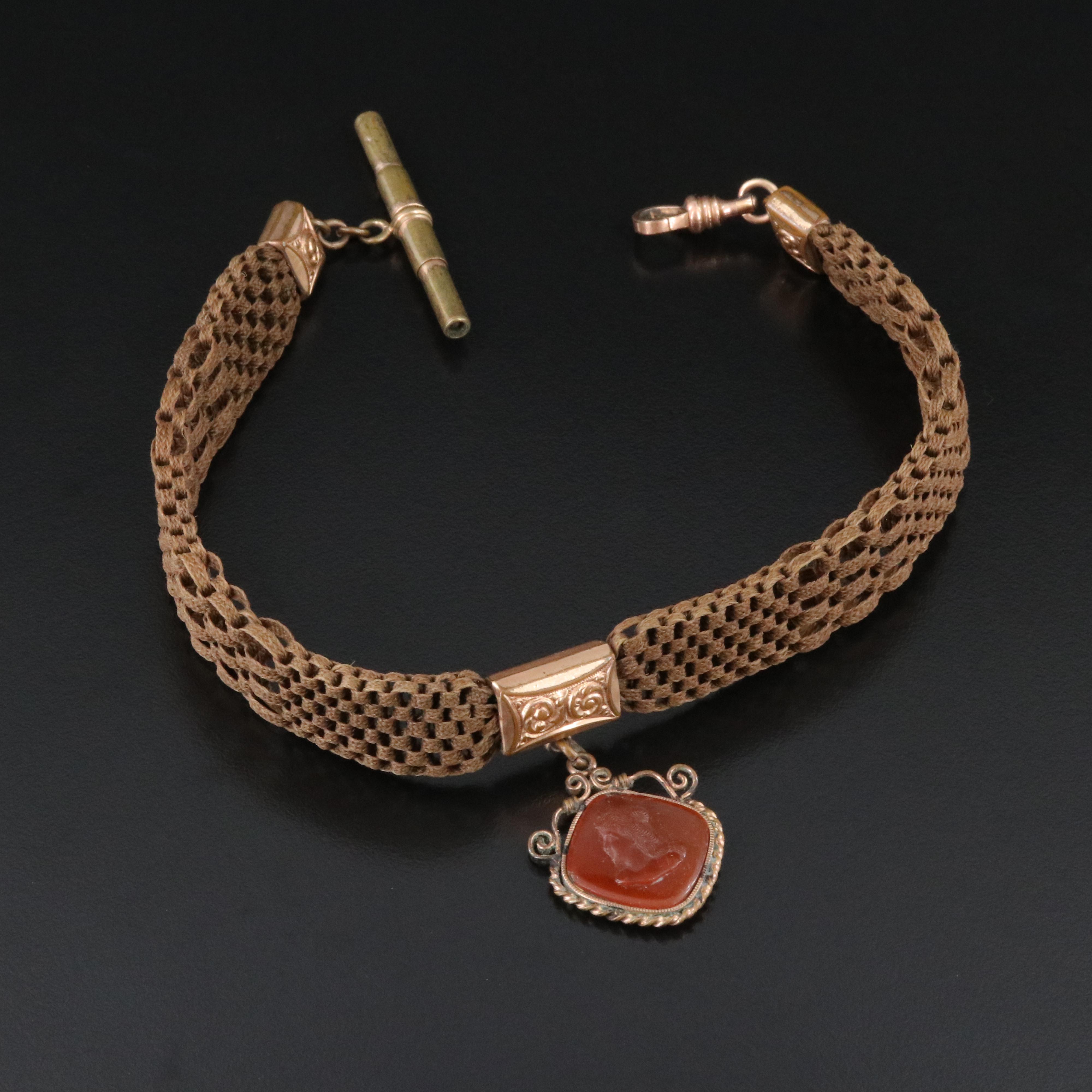 Victorian Braided Hair Work Watch Chain with Cameo Fob Charm