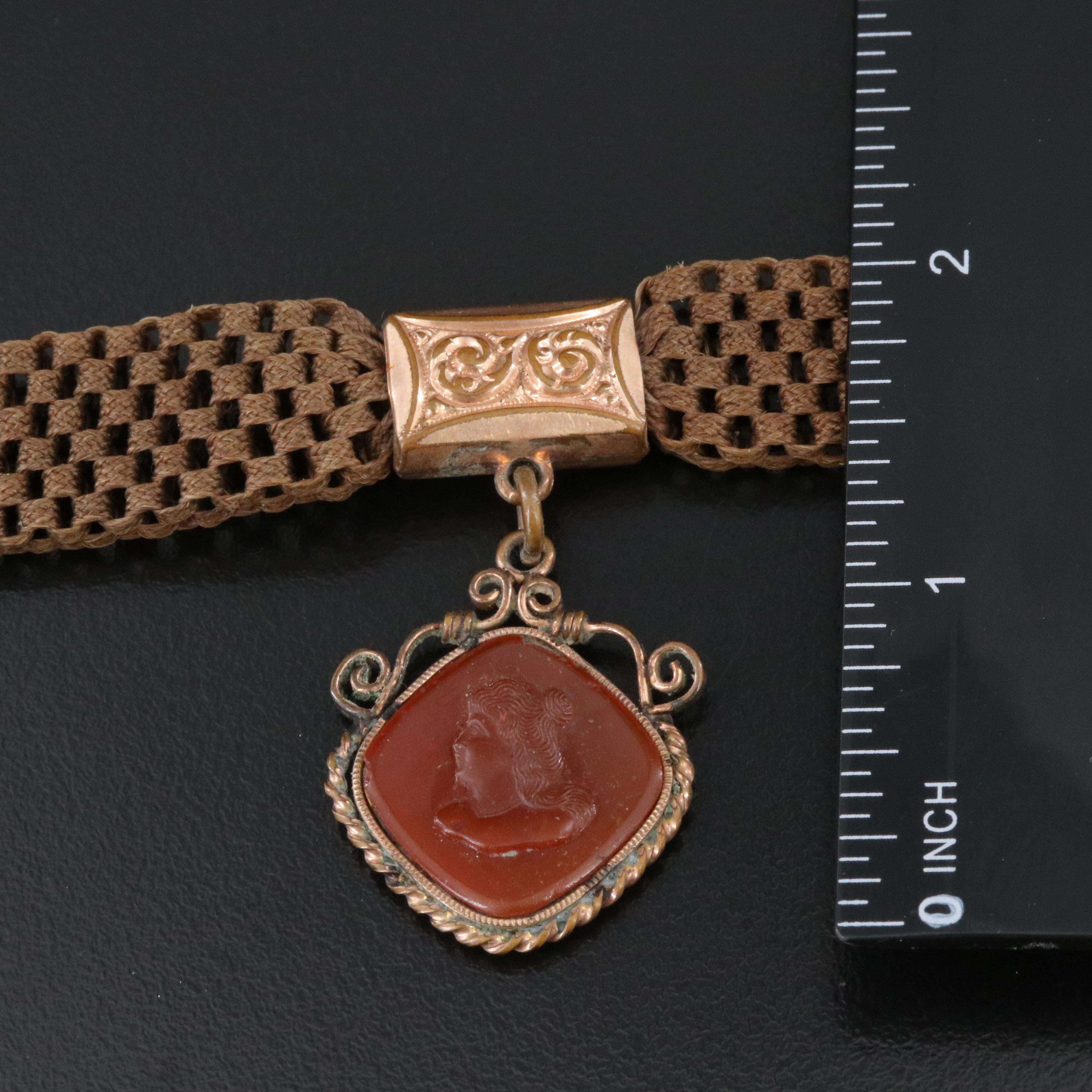 Victorian Braided Hair Work Watch Chain with Cameo Fob Charm