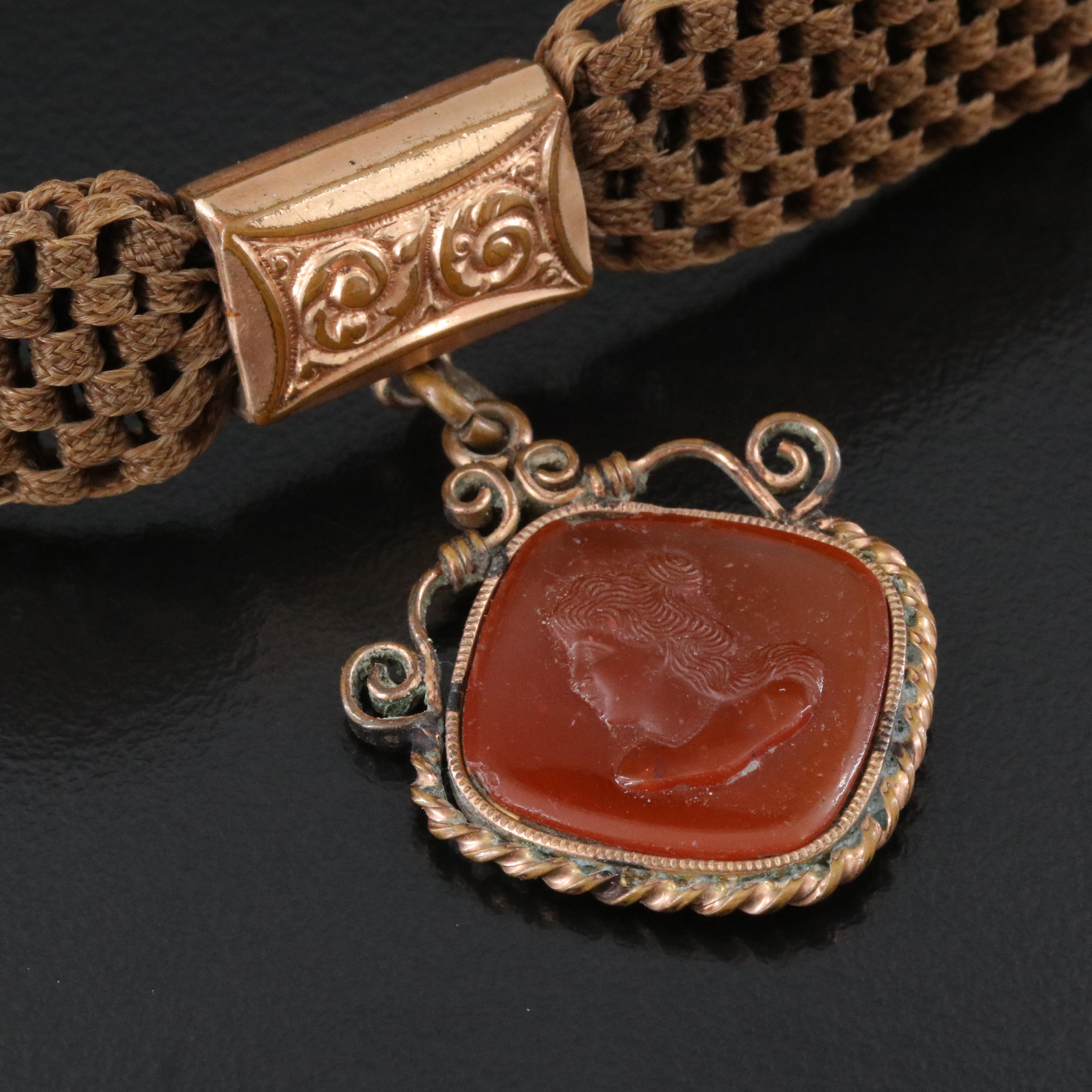 Victorian Braided Hair Work Watch Chain with Cameo Fob Charm