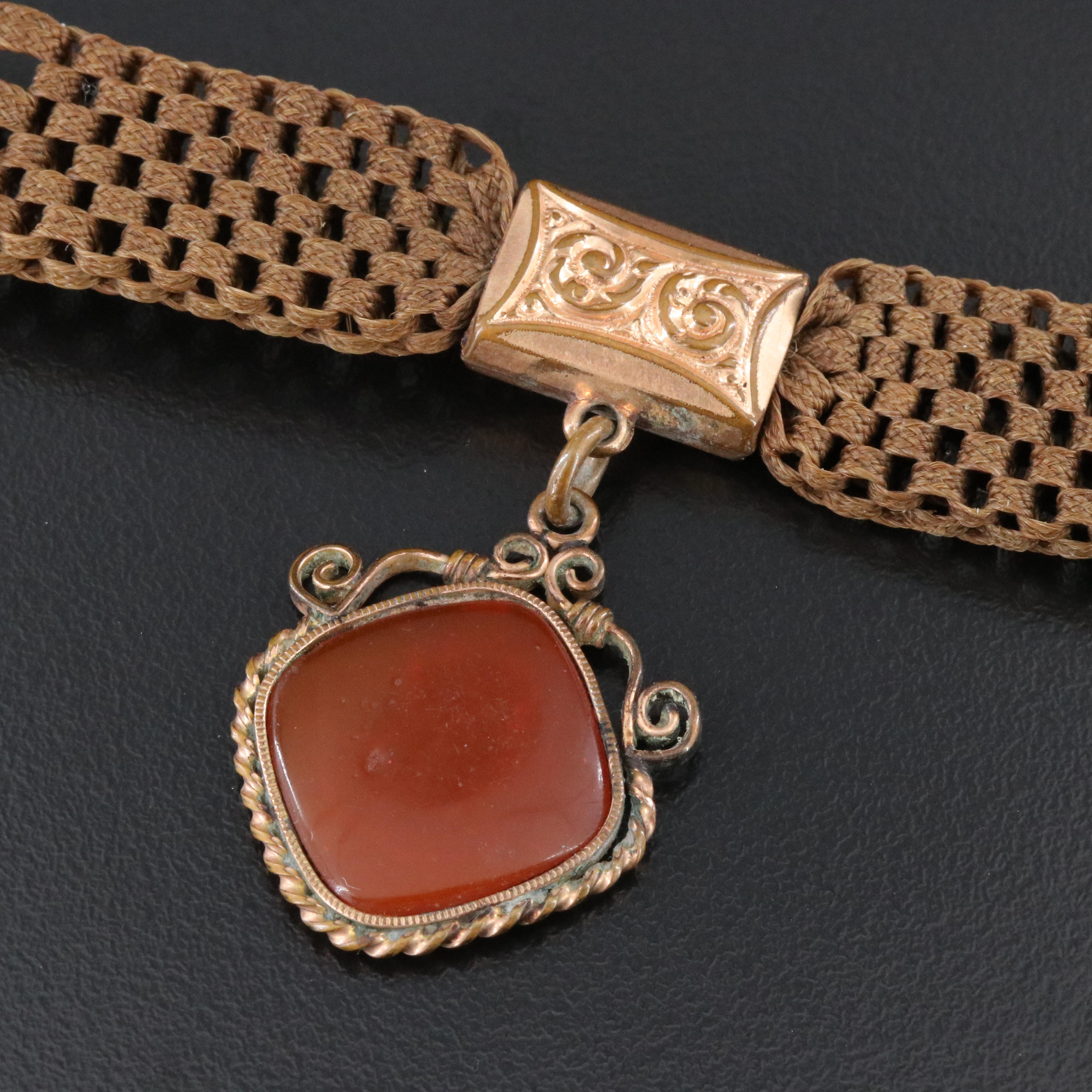 Victorian Braided Hair Work Watch Chain with Cameo Fob Charm