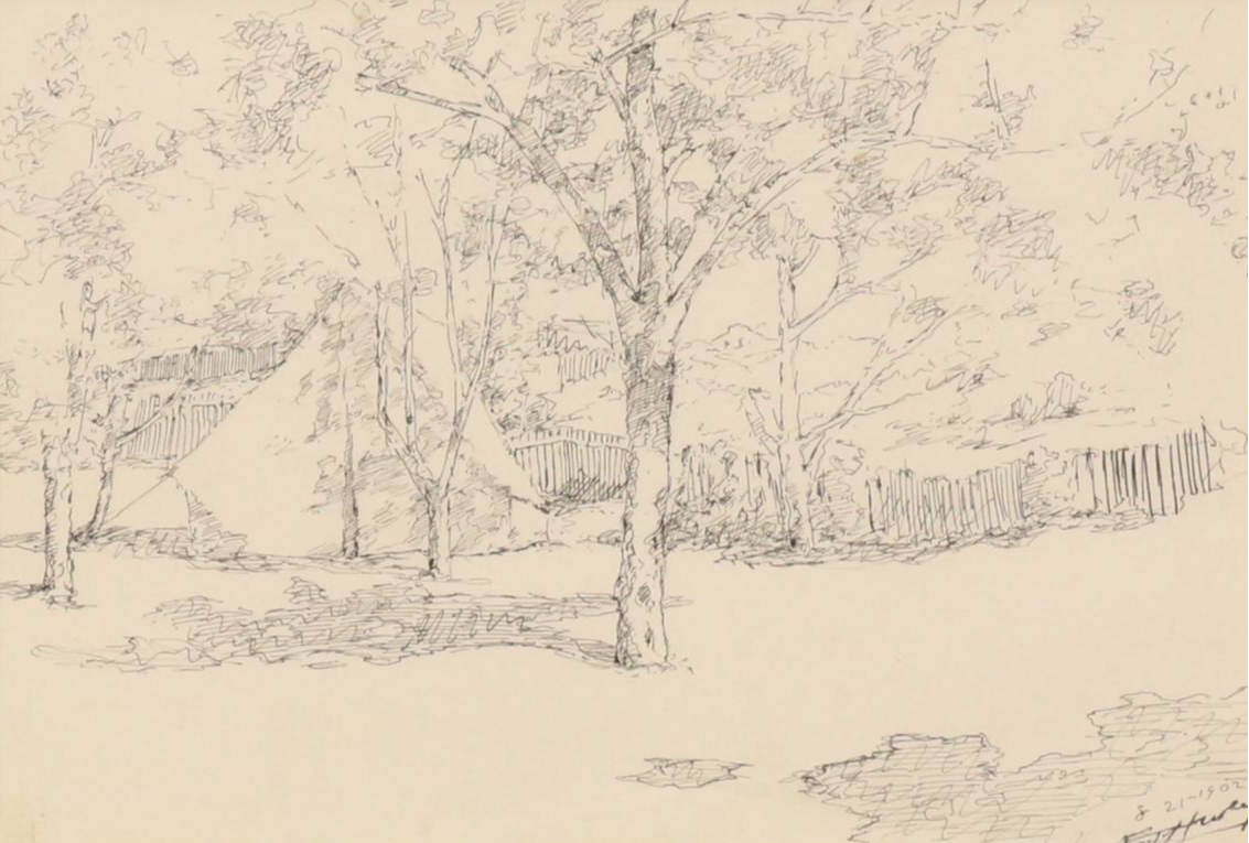 Edward Timothy Hurley Pen and Ink Landscape Drawing of Campsite, 1902