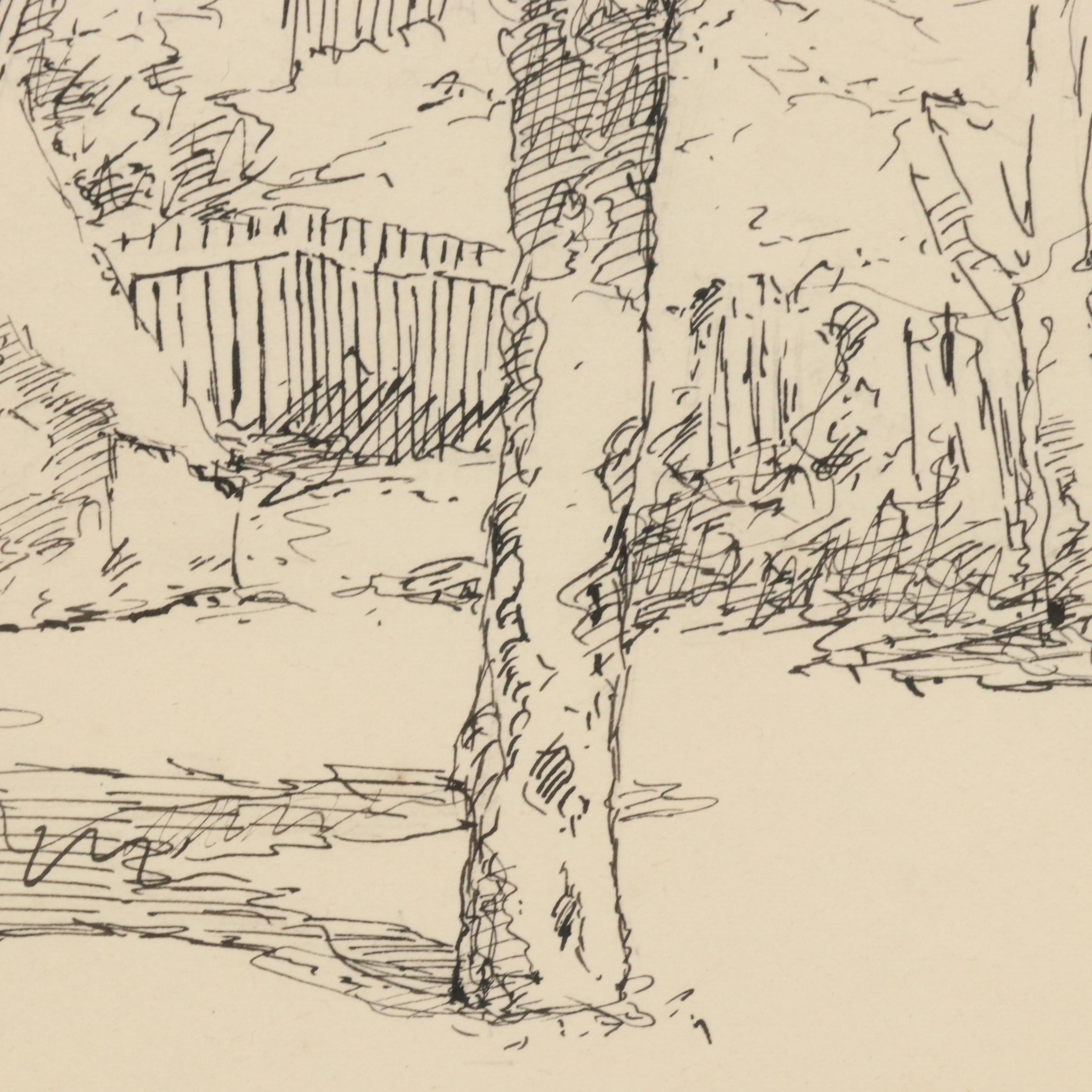 Edward Timothy Hurley Pen and Ink Landscape Drawing of Campsite, 1902