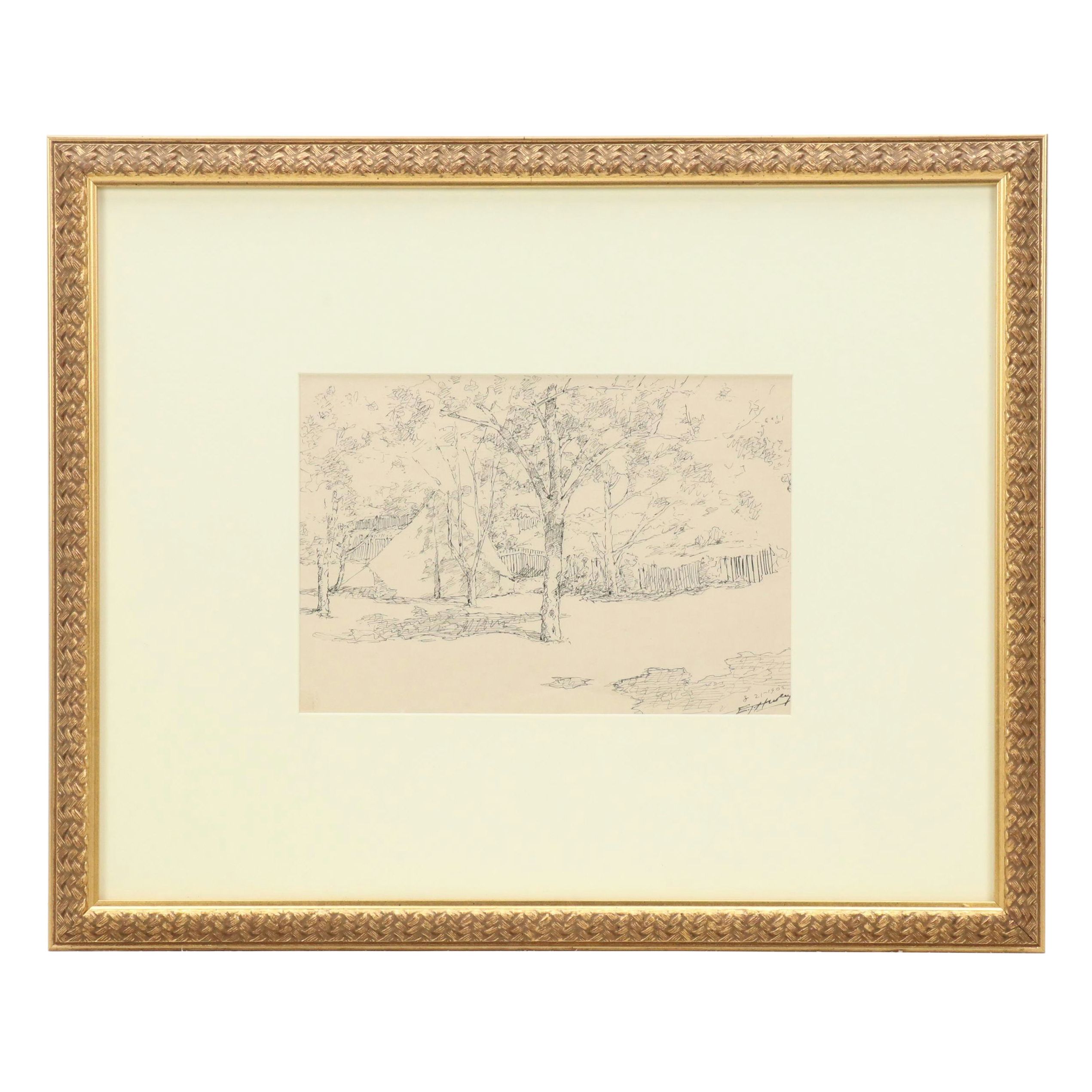 Edward Timothy Hurley Pen and Ink Landscape Drawing of Campsite, 1902