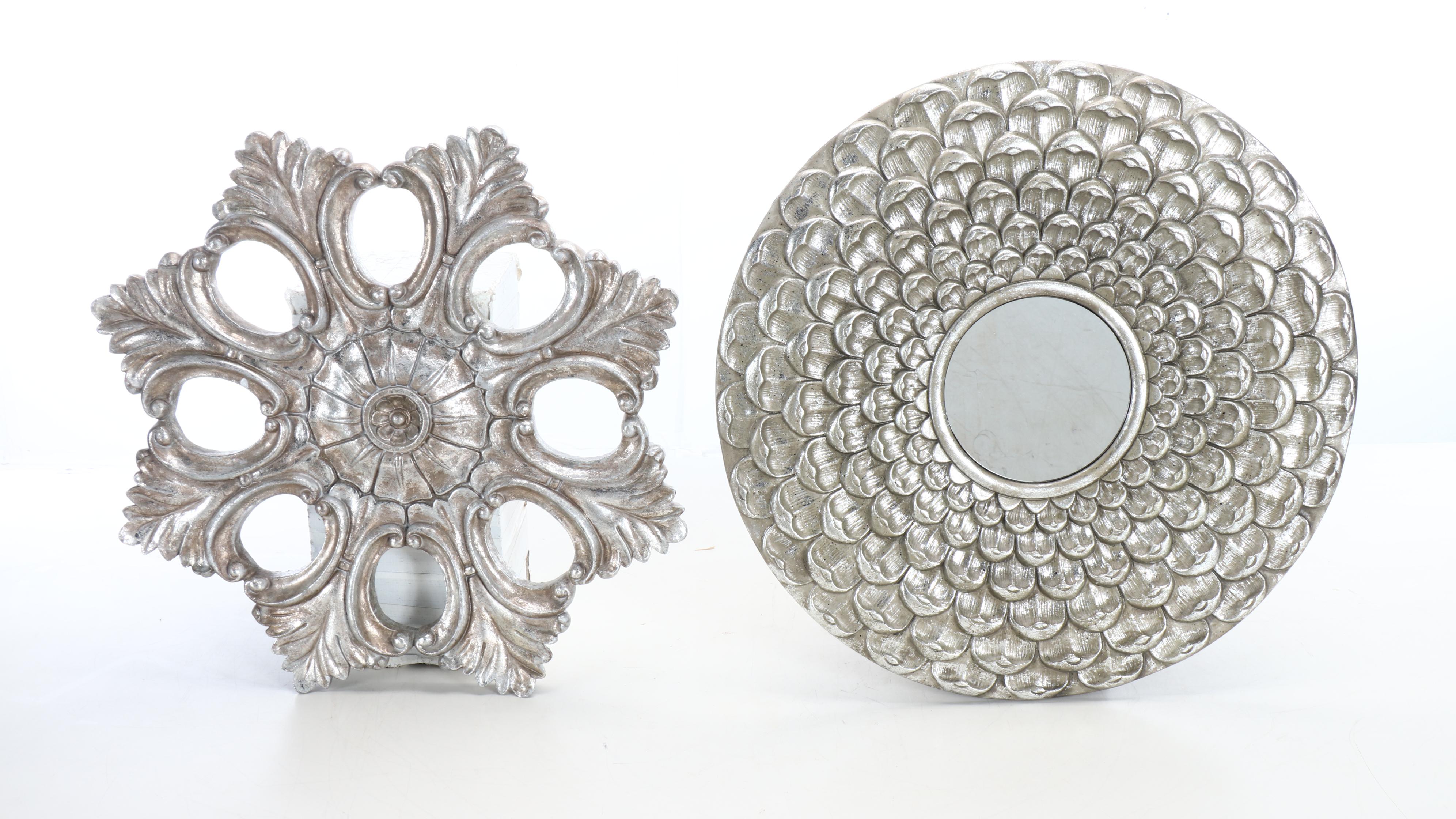 Silver Tone Wooden Round Mirror with Wooden Wall Décor