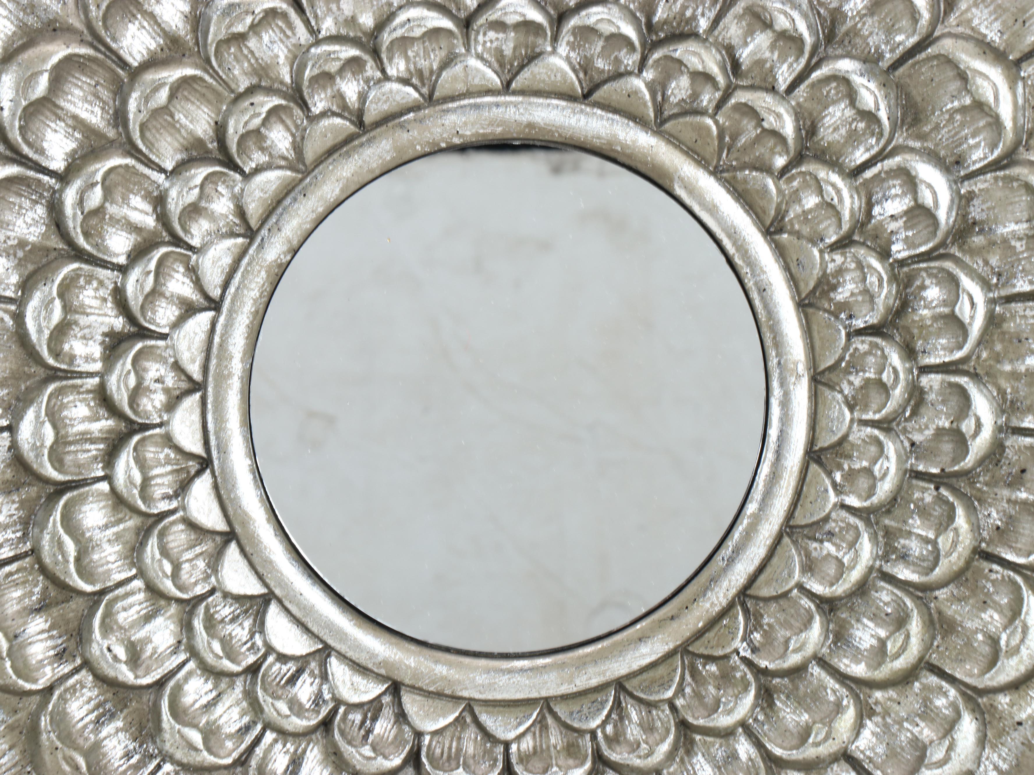 Silver Tone Wooden Round Mirror with Wooden Wall Décor