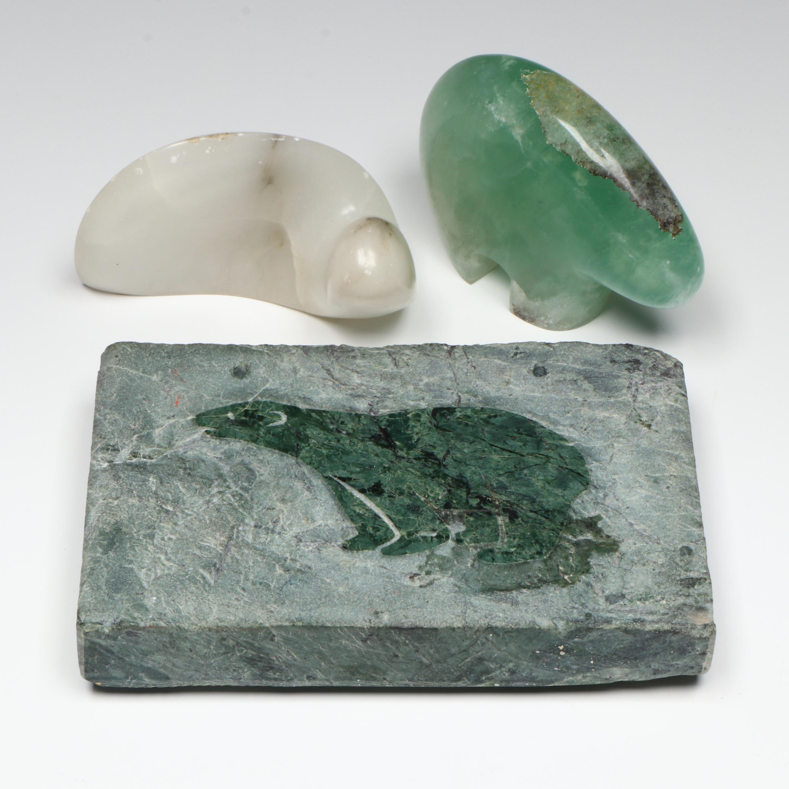 Carved Serpentine Plaque with Fluorite Fetish Bear and Signed Calcite Snail