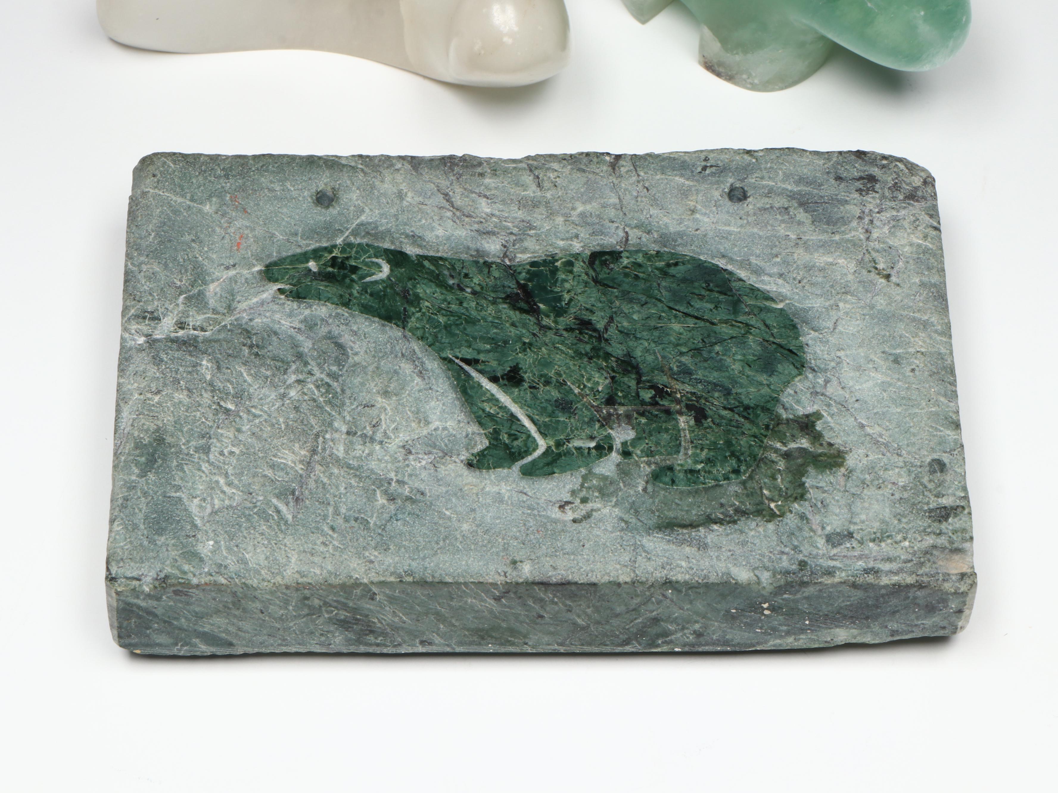 Carved Serpentine Plaque with Fluorite Fetish Bear and Signed Calcite Snail