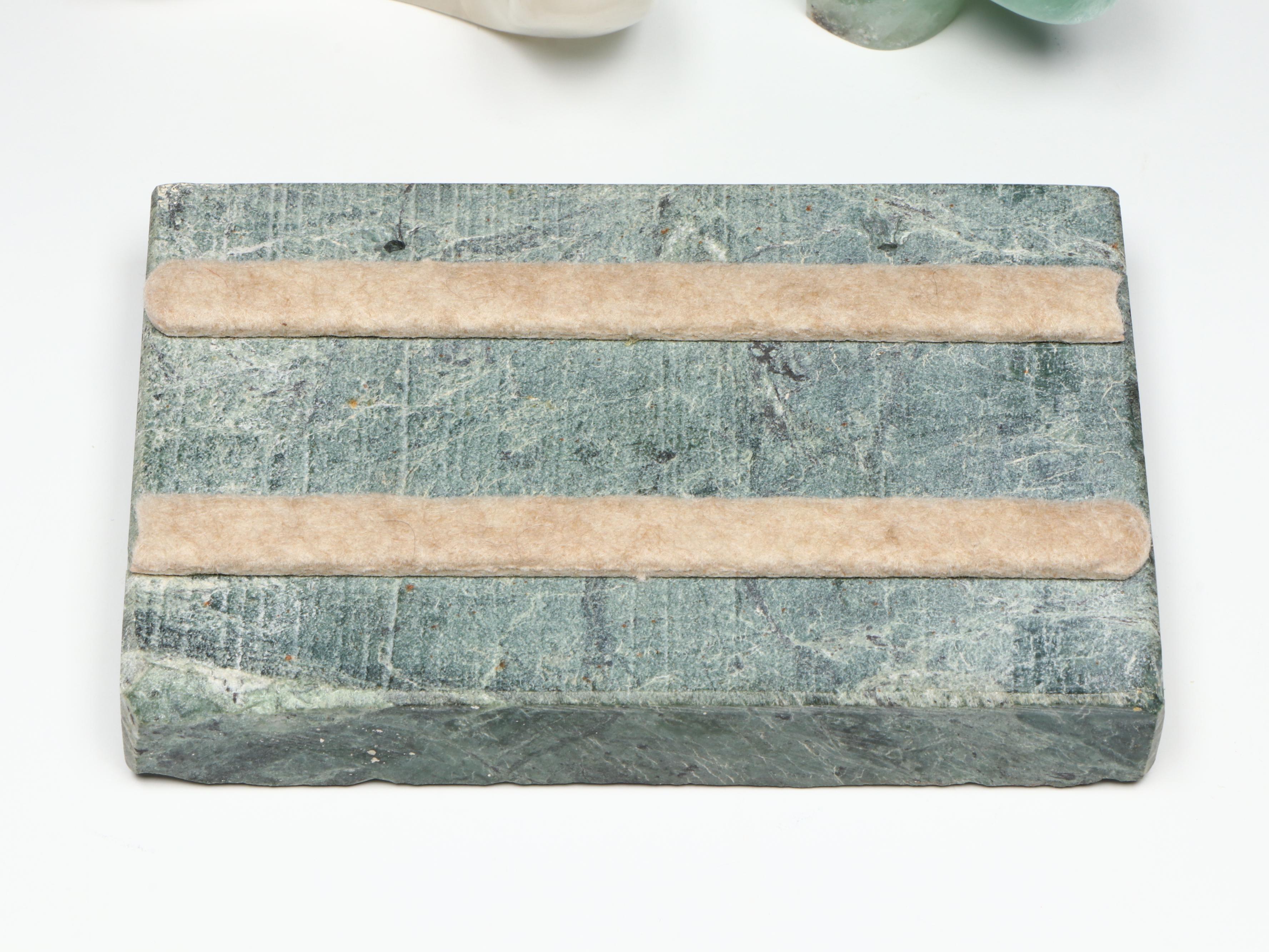 Carved Serpentine Plaque with Fluorite Fetish Bear and Signed Calcite Snail