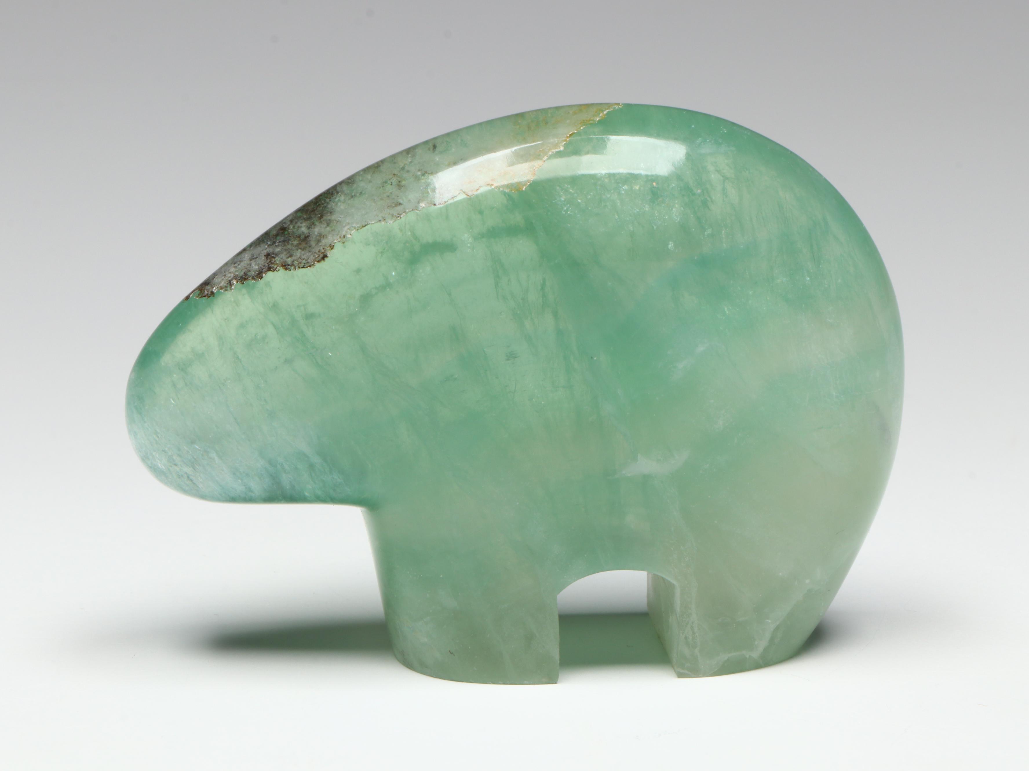 Carved Serpentine Plaque with Fluorite Fetish Bear and Signed Calcite Snail