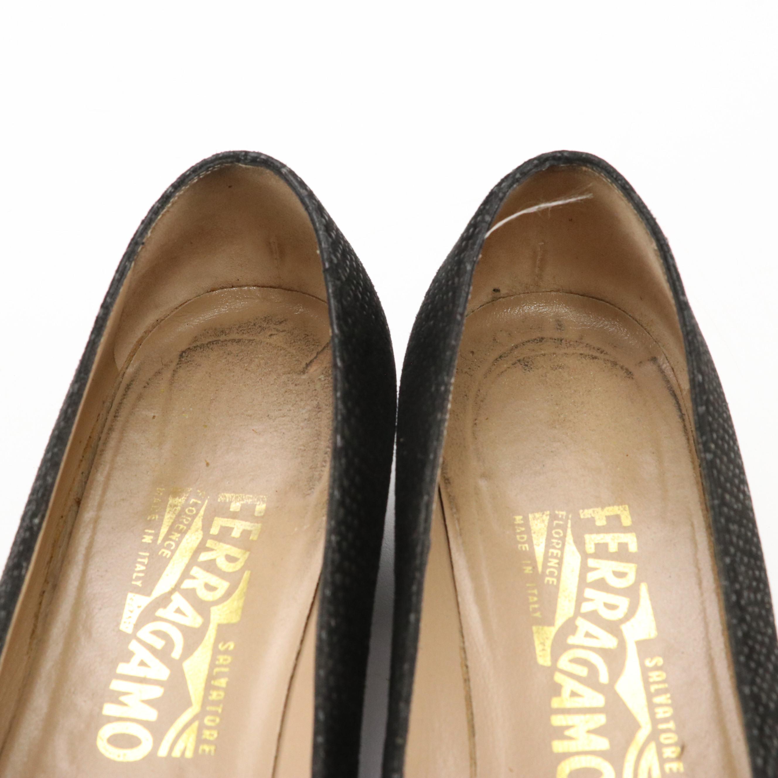 Salvatore Ferragamo Black Textured Suede Low-Heeled Shoes