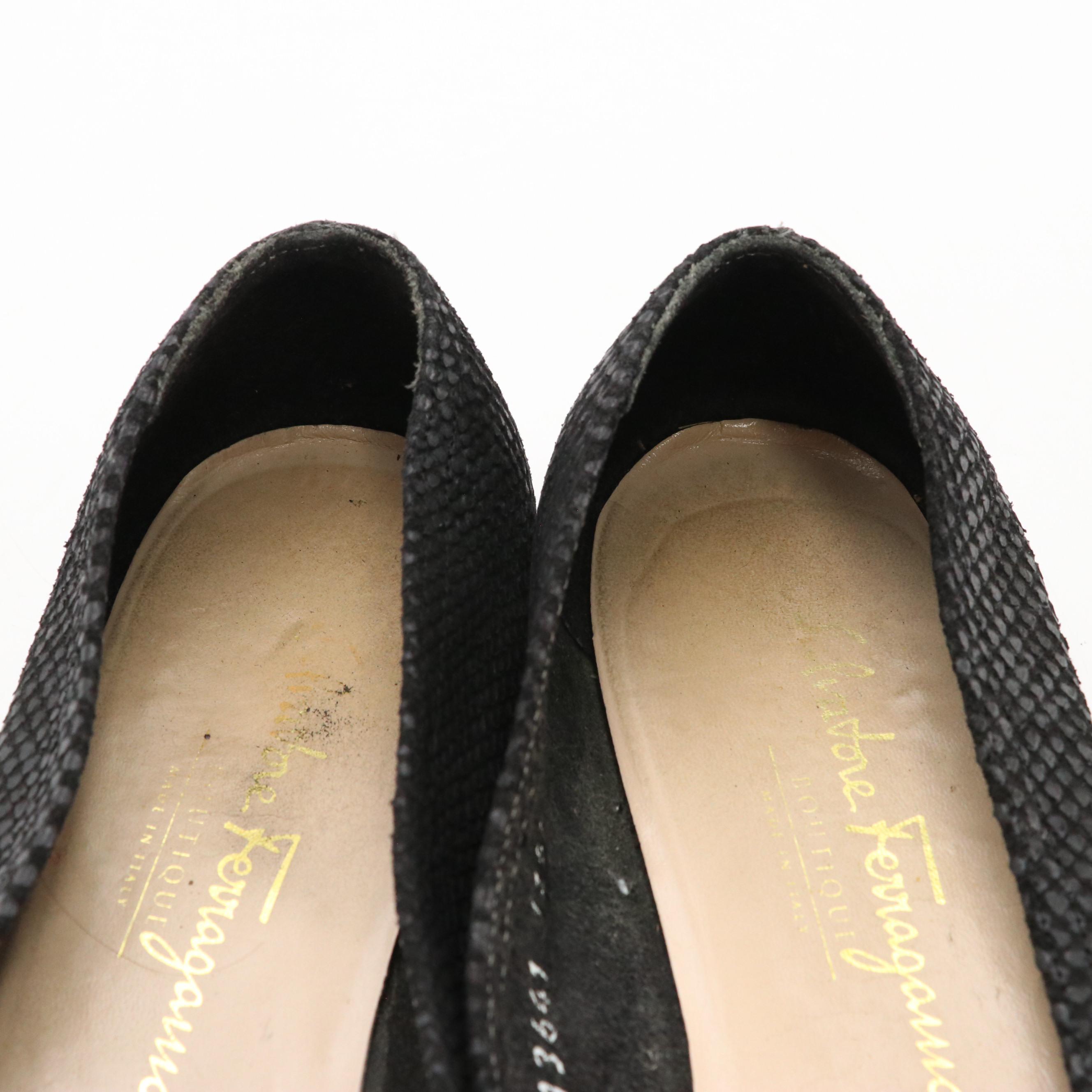 Salvatore Ferragamo Black Textured Suede Low-Heeled Shoes