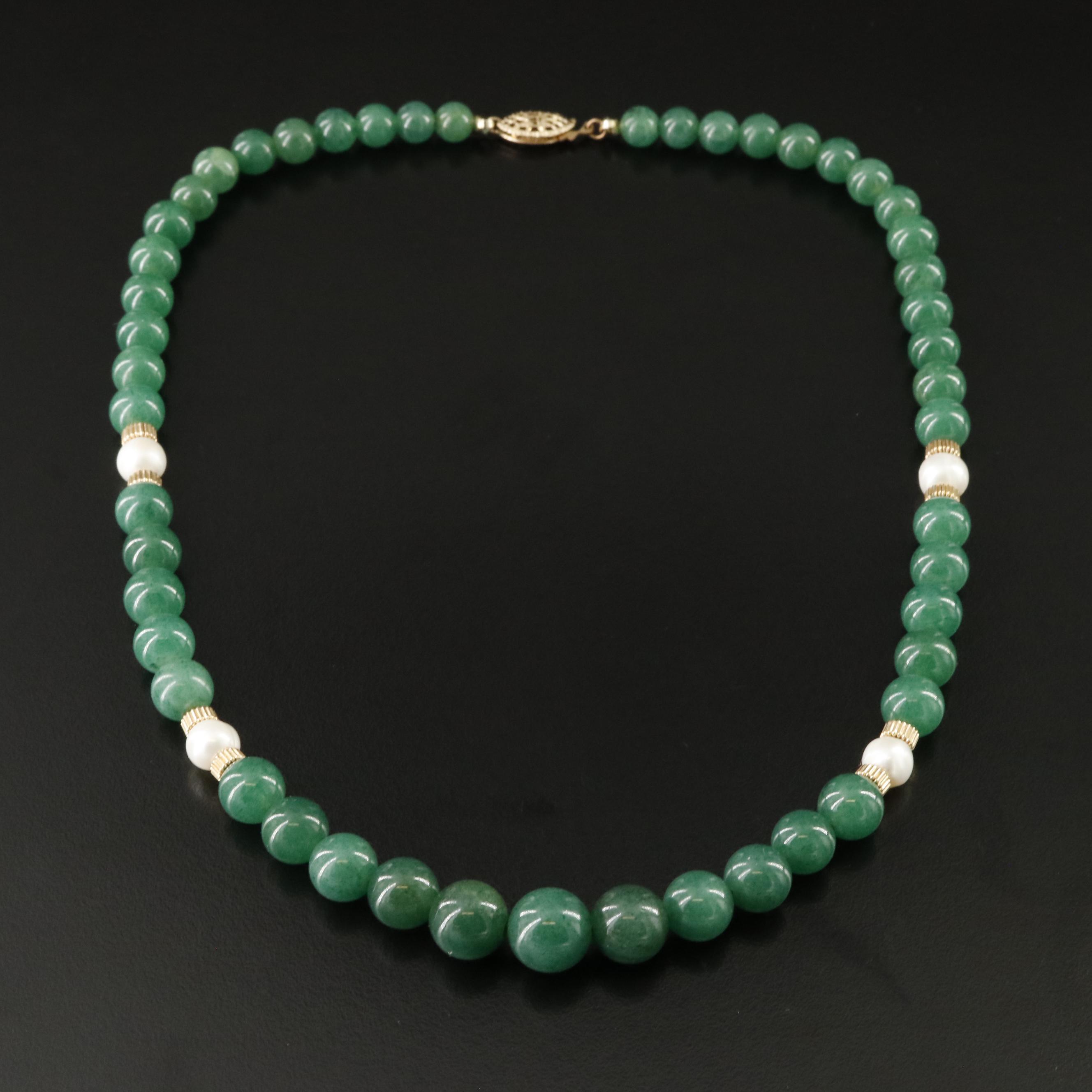 Vintage Gold-Filled Graduated Aventurine and Pearl Necklace