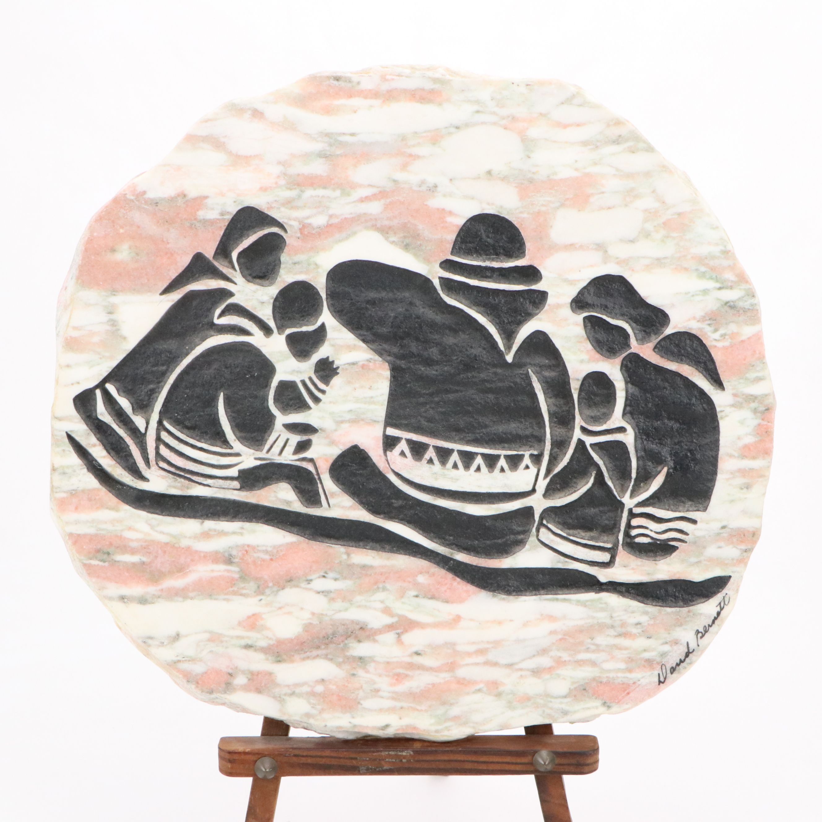 David Bernett Signed Inuit Relief Carved Verona Marble Plaque and Carved Fish