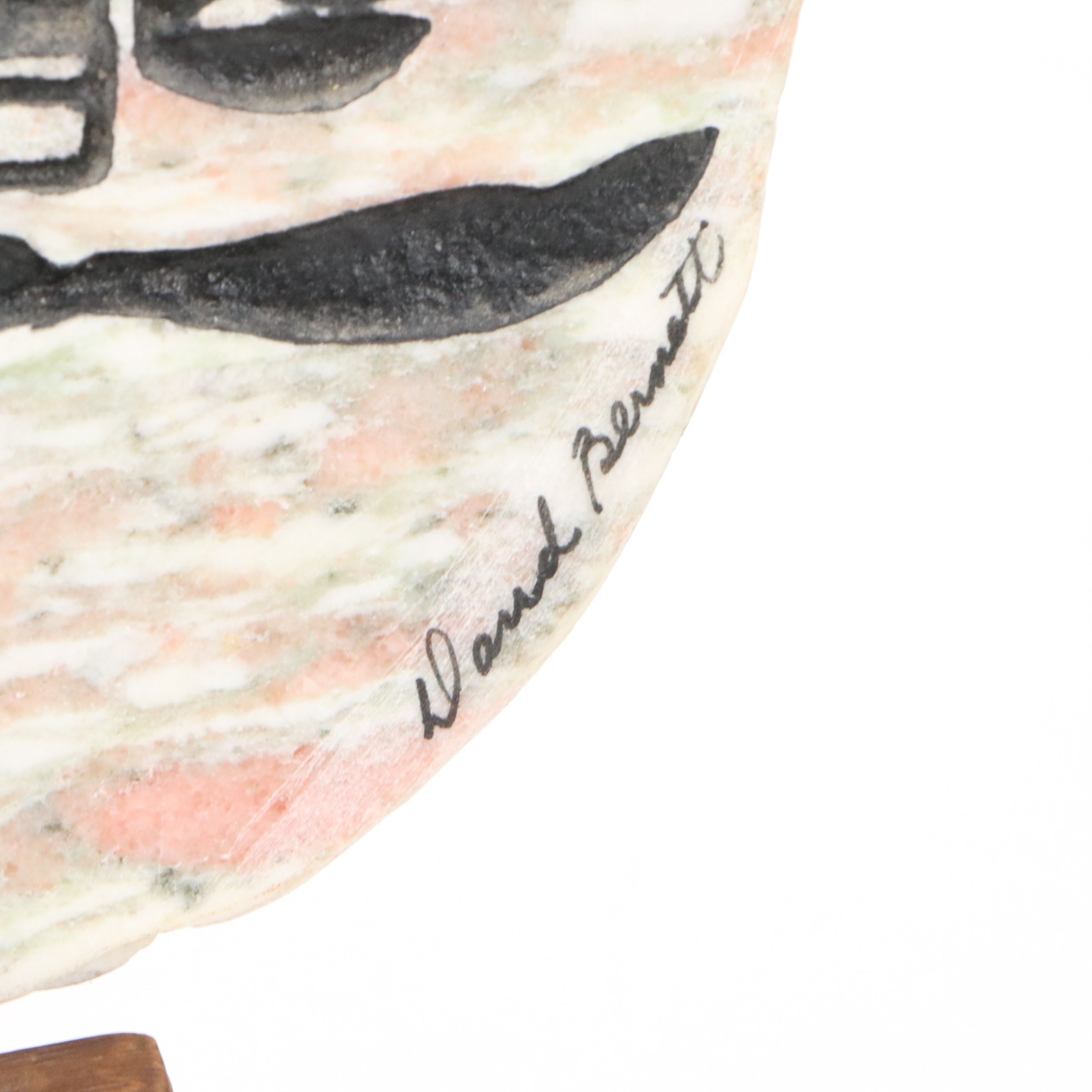 David Bernett Signed Inuit Relief Carved Verona Marble Plaque and Carved Fish