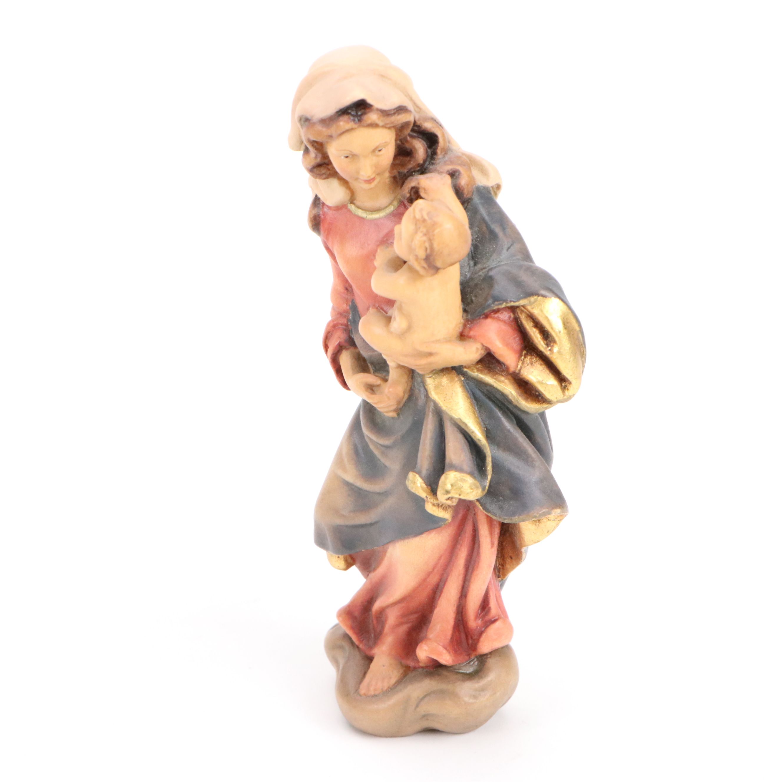 German and Italian Carved Wood Angels with Mary and Child and Woman with Amphora