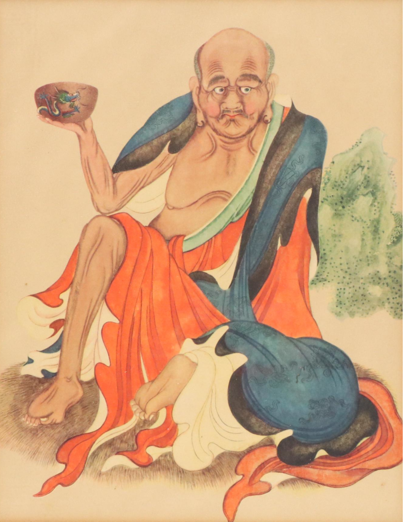 Chinese Offset Lithograph of Elder with Porcelain Dragon Bowl, Mid-20th C.