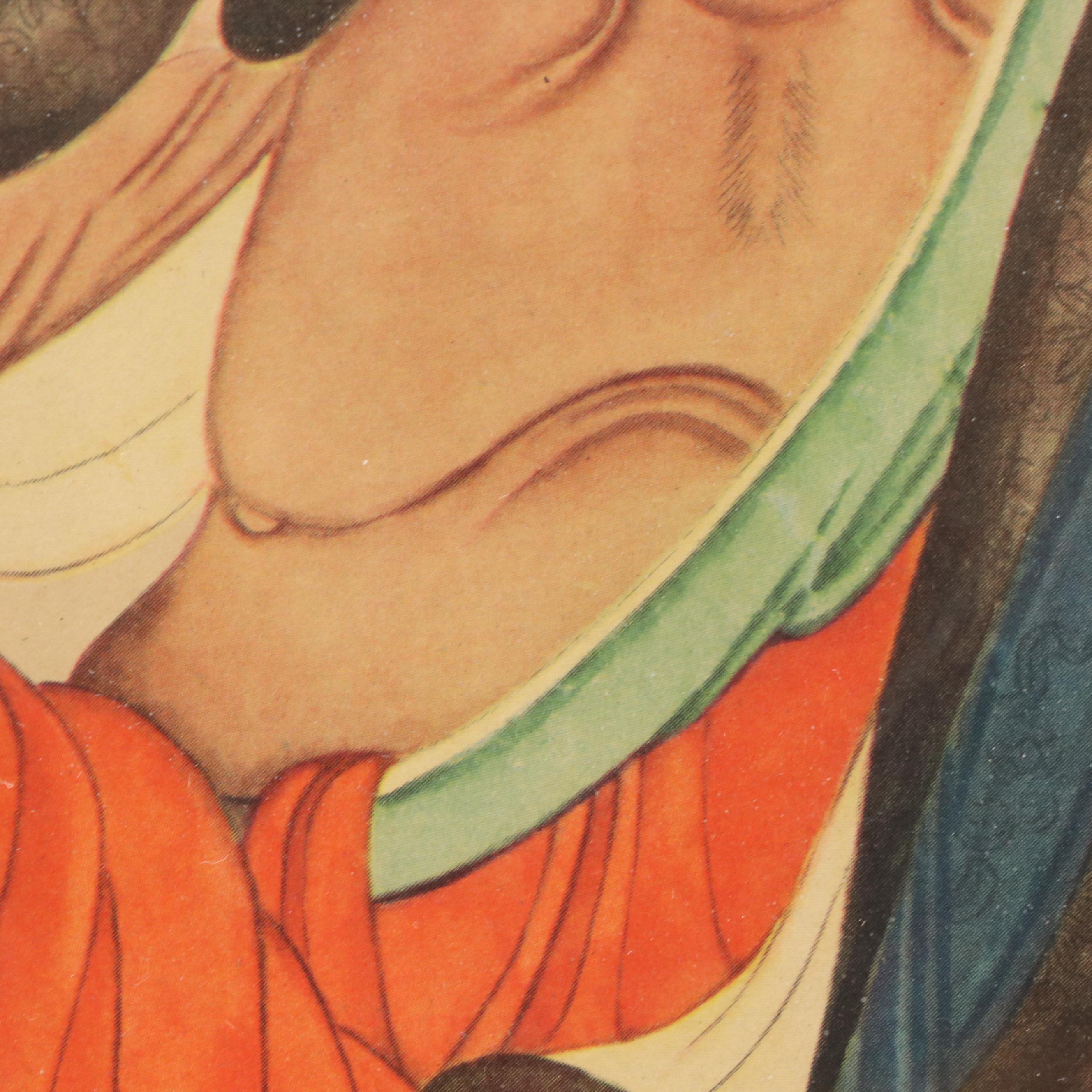 Chinese Offset Lithograph of Elder with Porcelain Dragon Bowl, Mid-20th C.