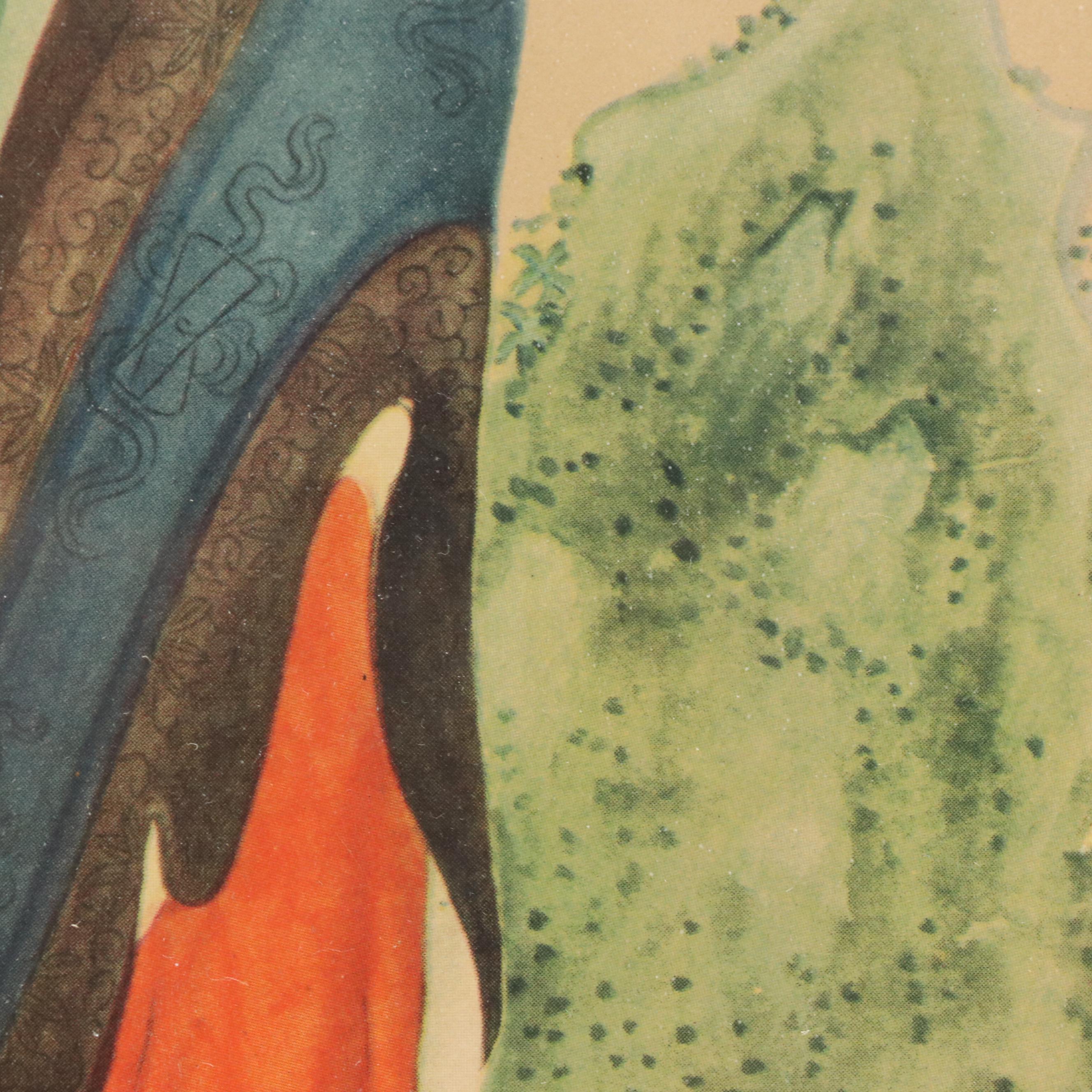 Chinese Offset Lithograph of Elder with Porcelain Dragon Bowl, Mid-20th C.