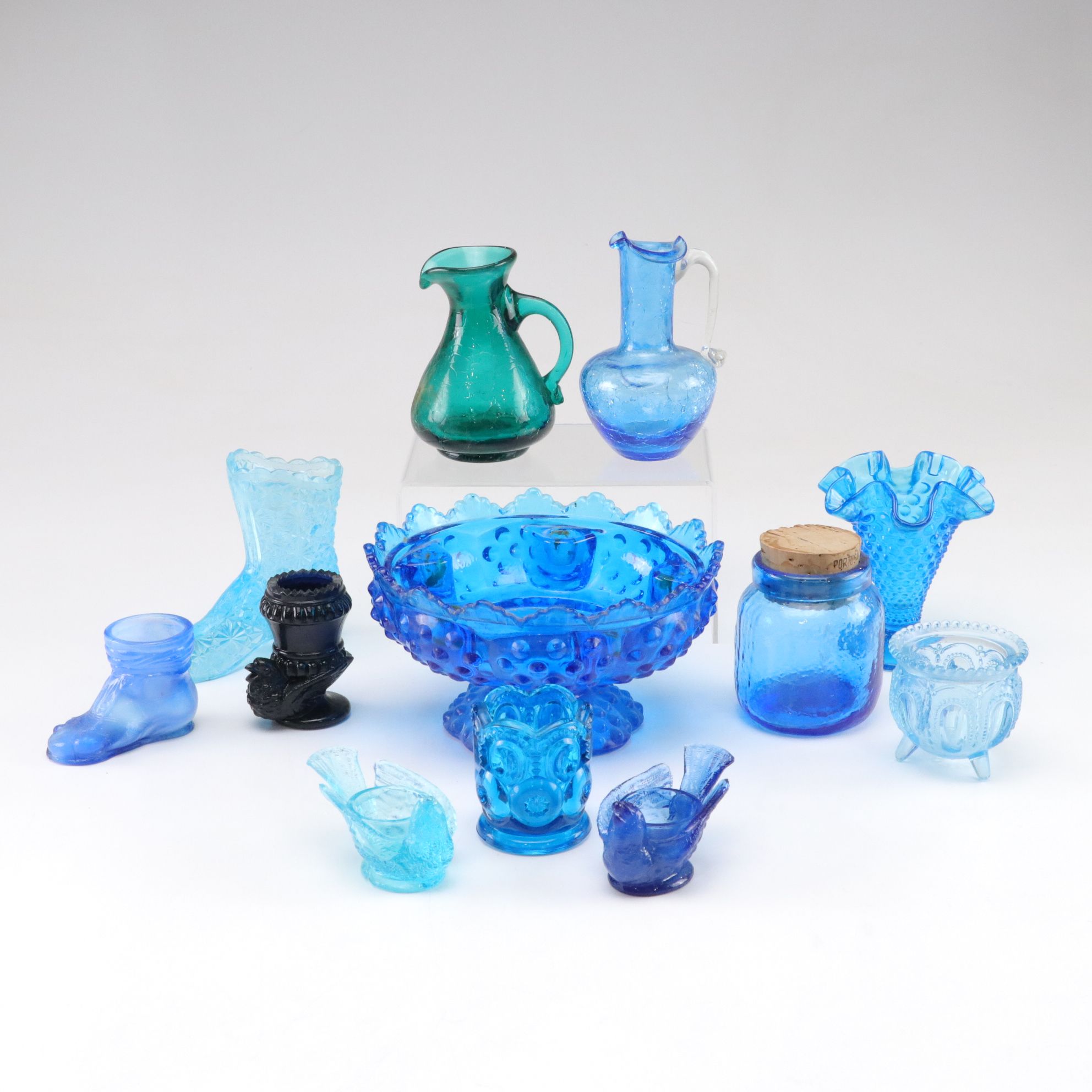 Blenko Style Blue Crackle Glass Pitchers, Fenton Candle Bowl, Degenhart & More