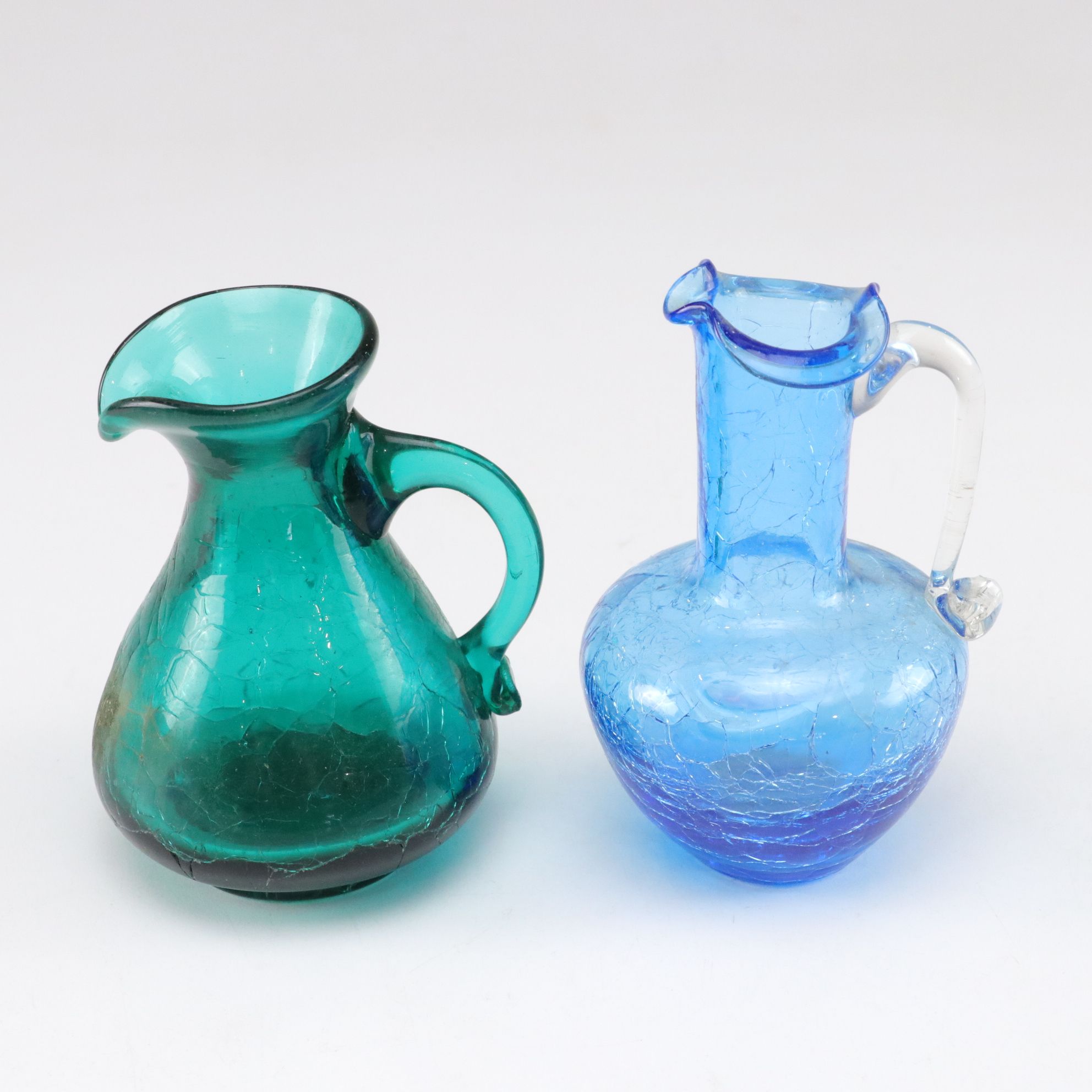 Blenko Style Blue Crackle Glass Pitchers, Fenton Candle Bowl, Degenhart & More