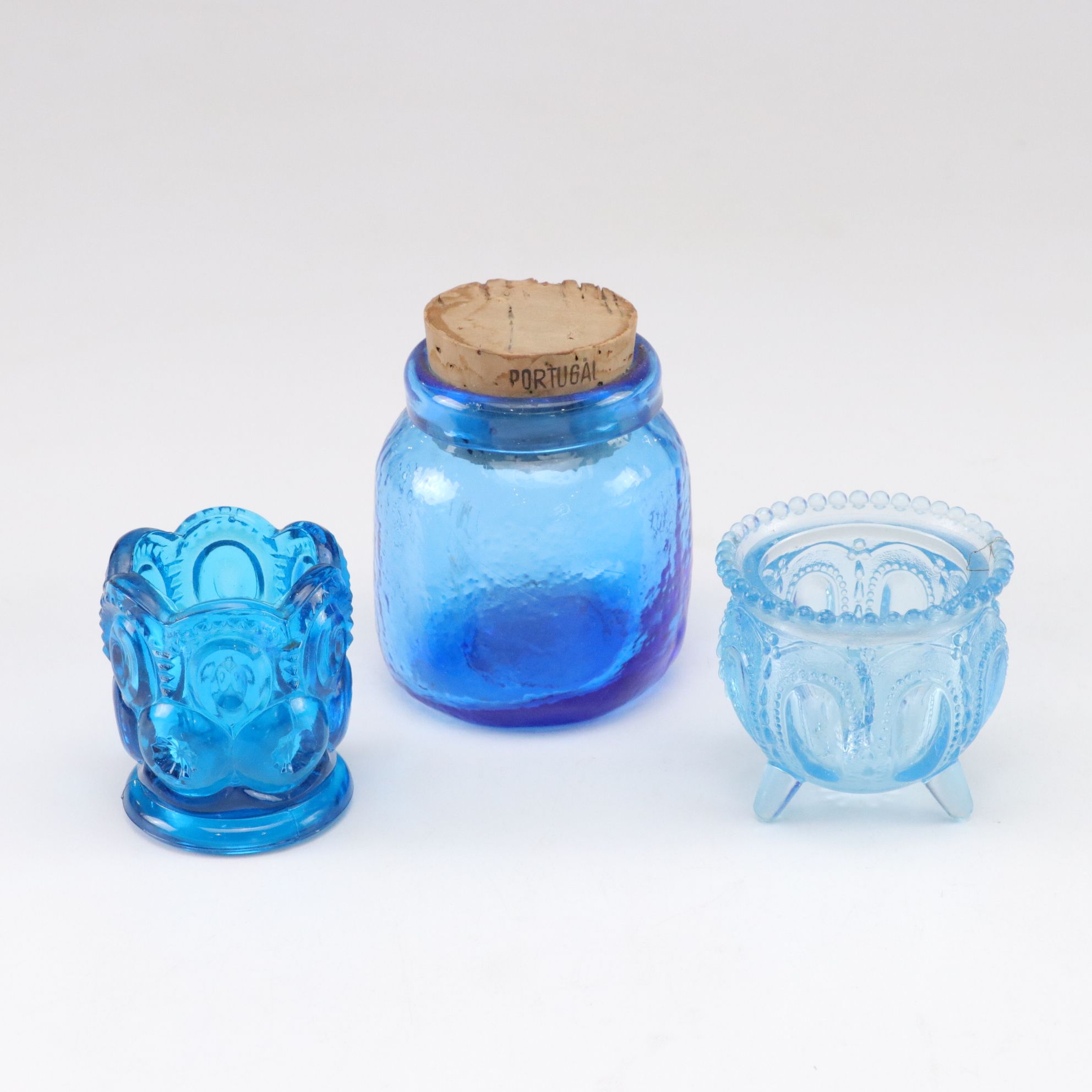 Blenko Style Blue Crackle Glass Pitchers, Fenton Candle Bowl, Degenhart & More