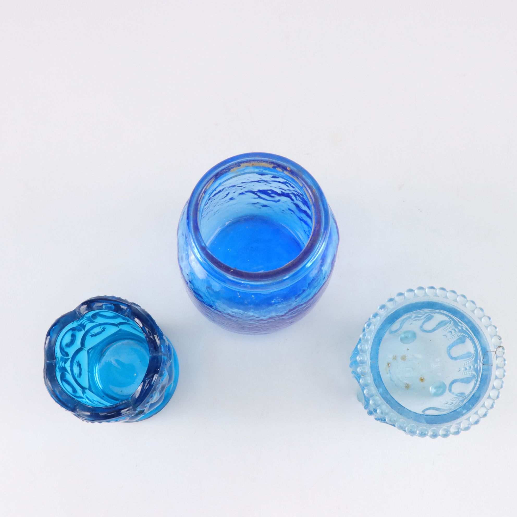 Blenko Style Blue Crackle Glass Pitchers, Fenton Candle Bowl, Degenhart & More