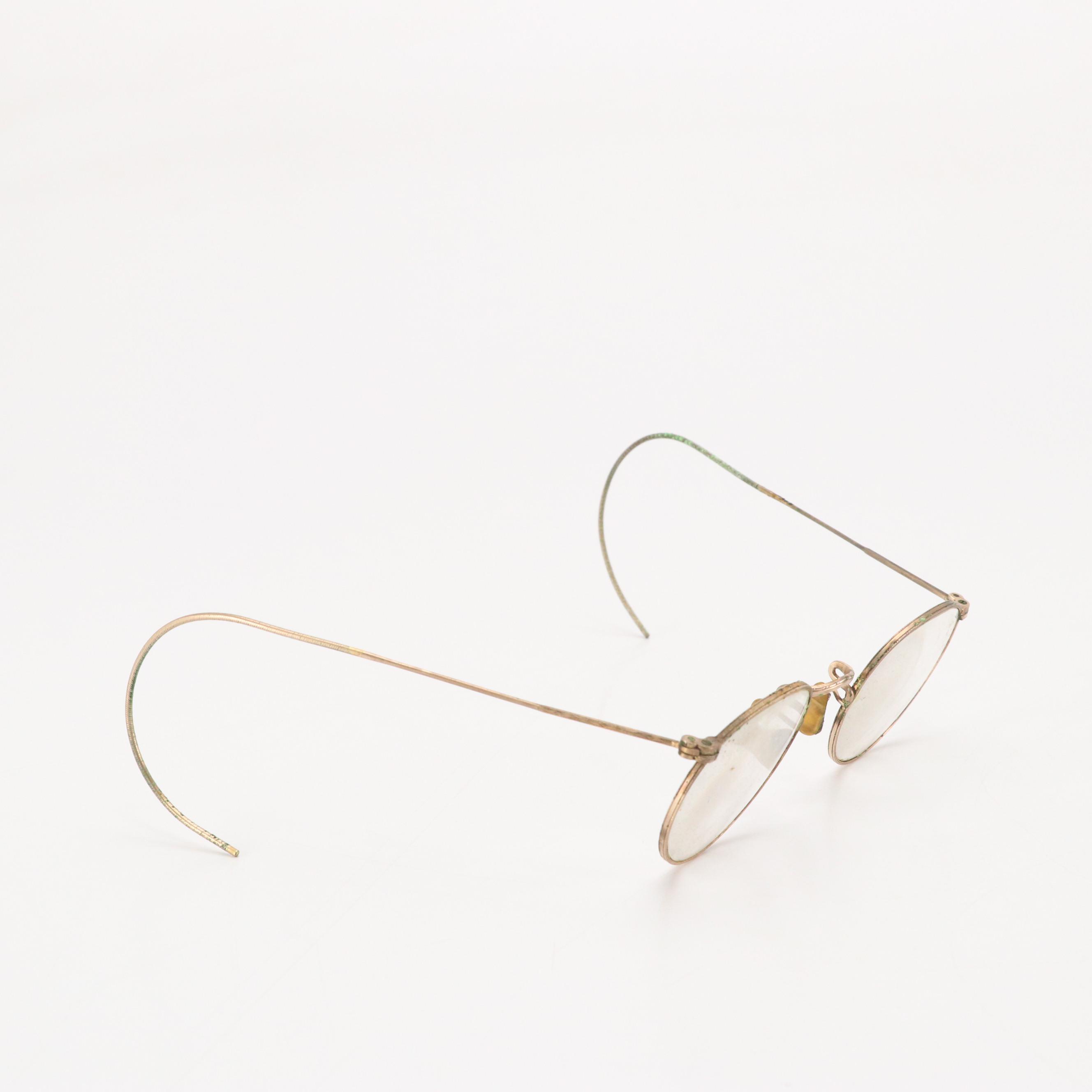 Antique 10K-12K Gold Filled Round Frame Prescription & Pince-Nez Glasses & Cases