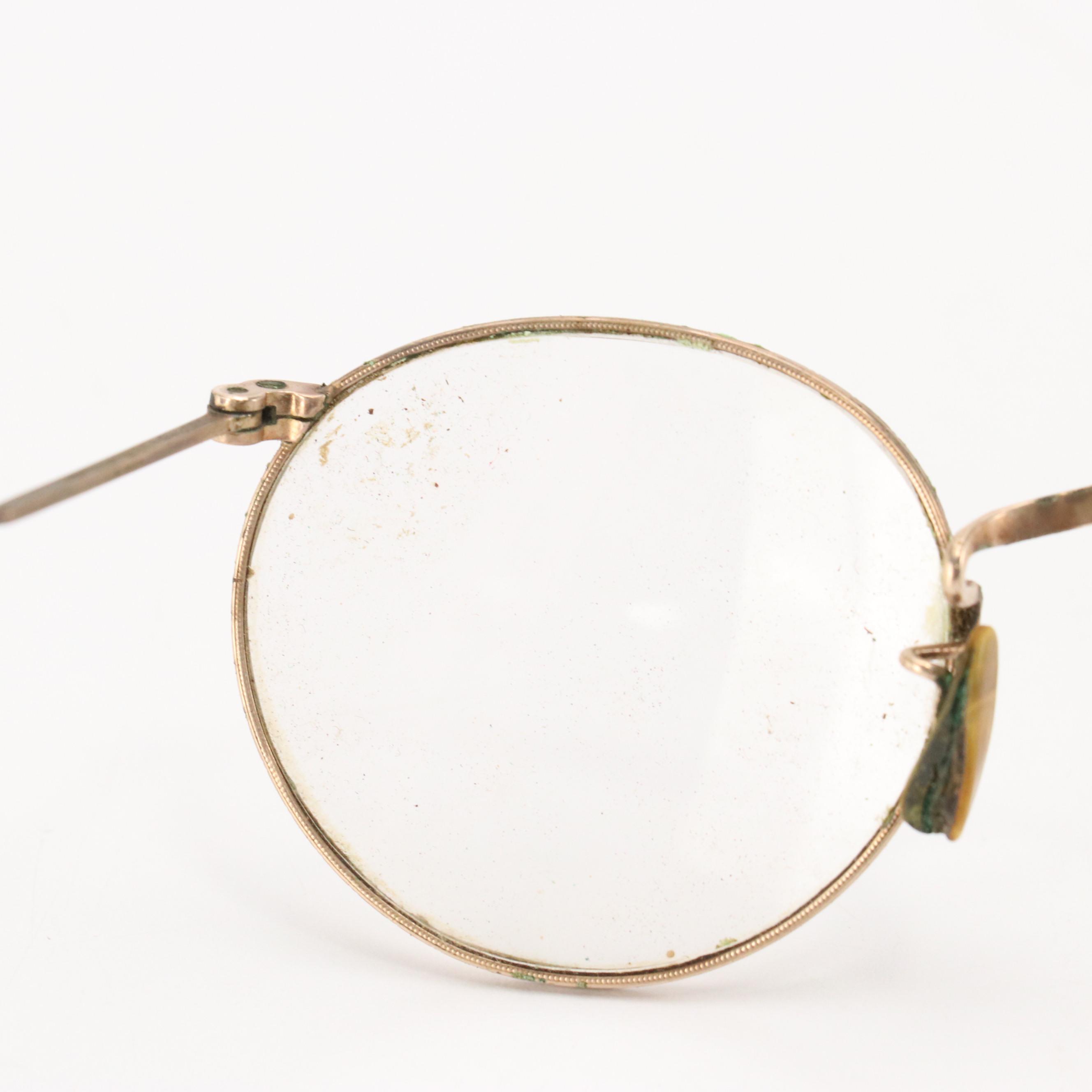 Antique 10K-12K Gold Filled Round Frame Prescription & Pince-Nez Glasses & Cases
