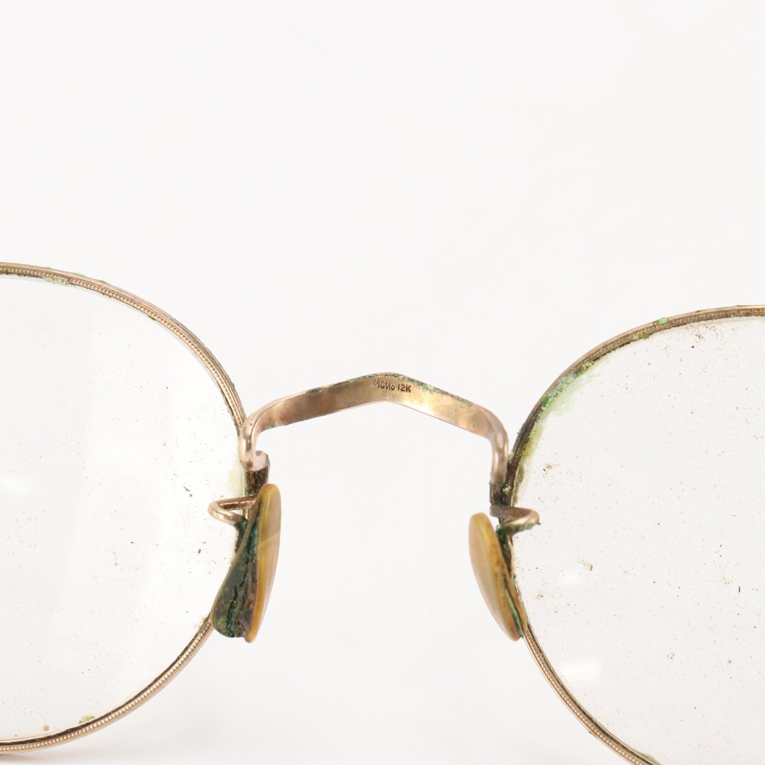 Antique 10K-12K Gold Filled Round Frame Prescription & Pince-Nez Glasses & Cases