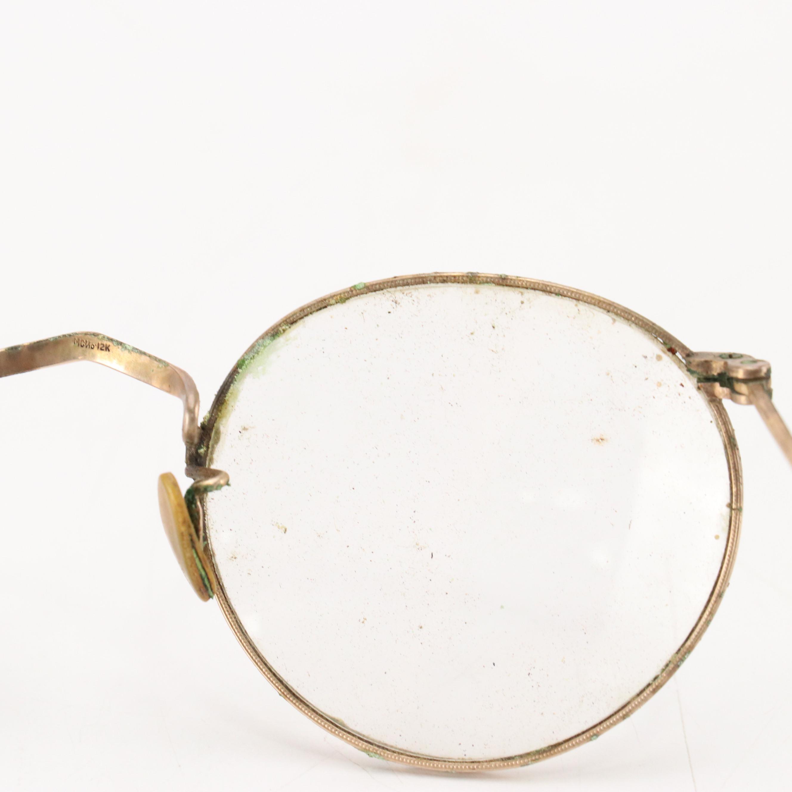 Antique 10K-12K Gold Filled Round Frame Prescription & Pince-Nez Glasses & Cases