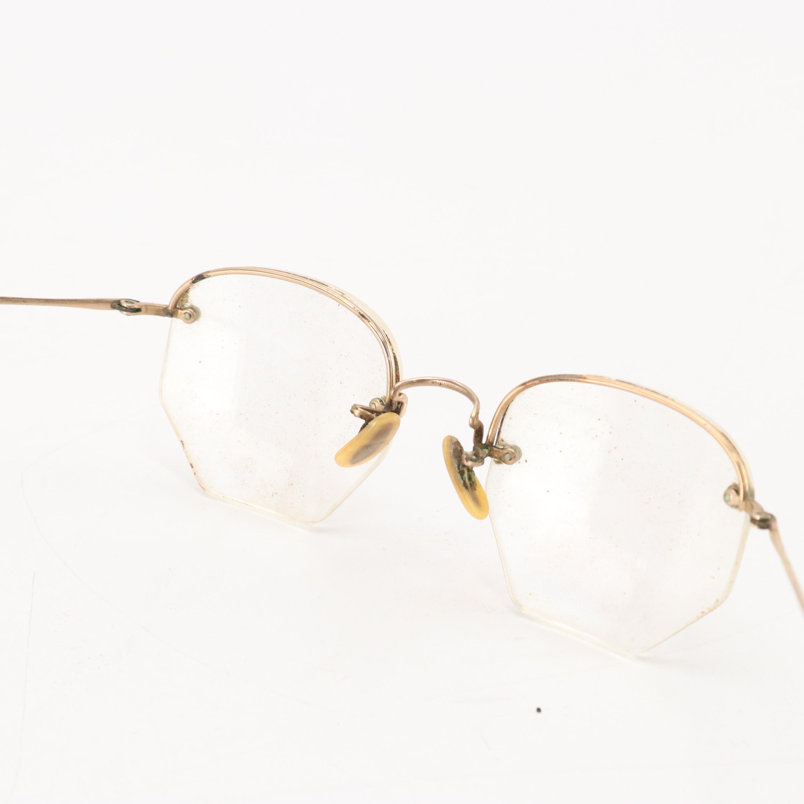 Antique 10K-12K Gold Filled Round Frame Prescription & Pince-Nez Glasses & Cases