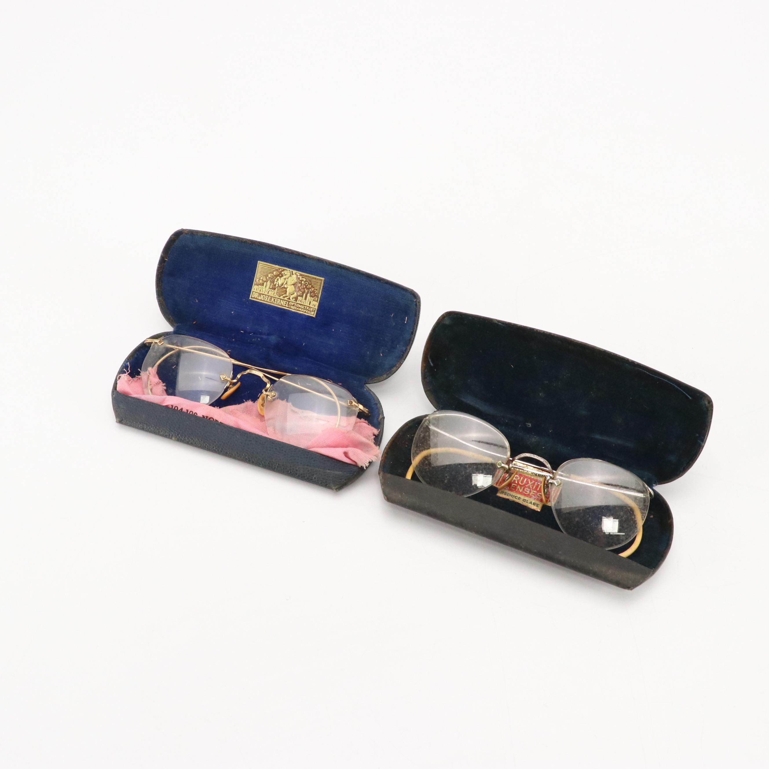 Antique 10K-12K Gold Filled Round Frame Prescription & Pince-Nez Glasses & Cases