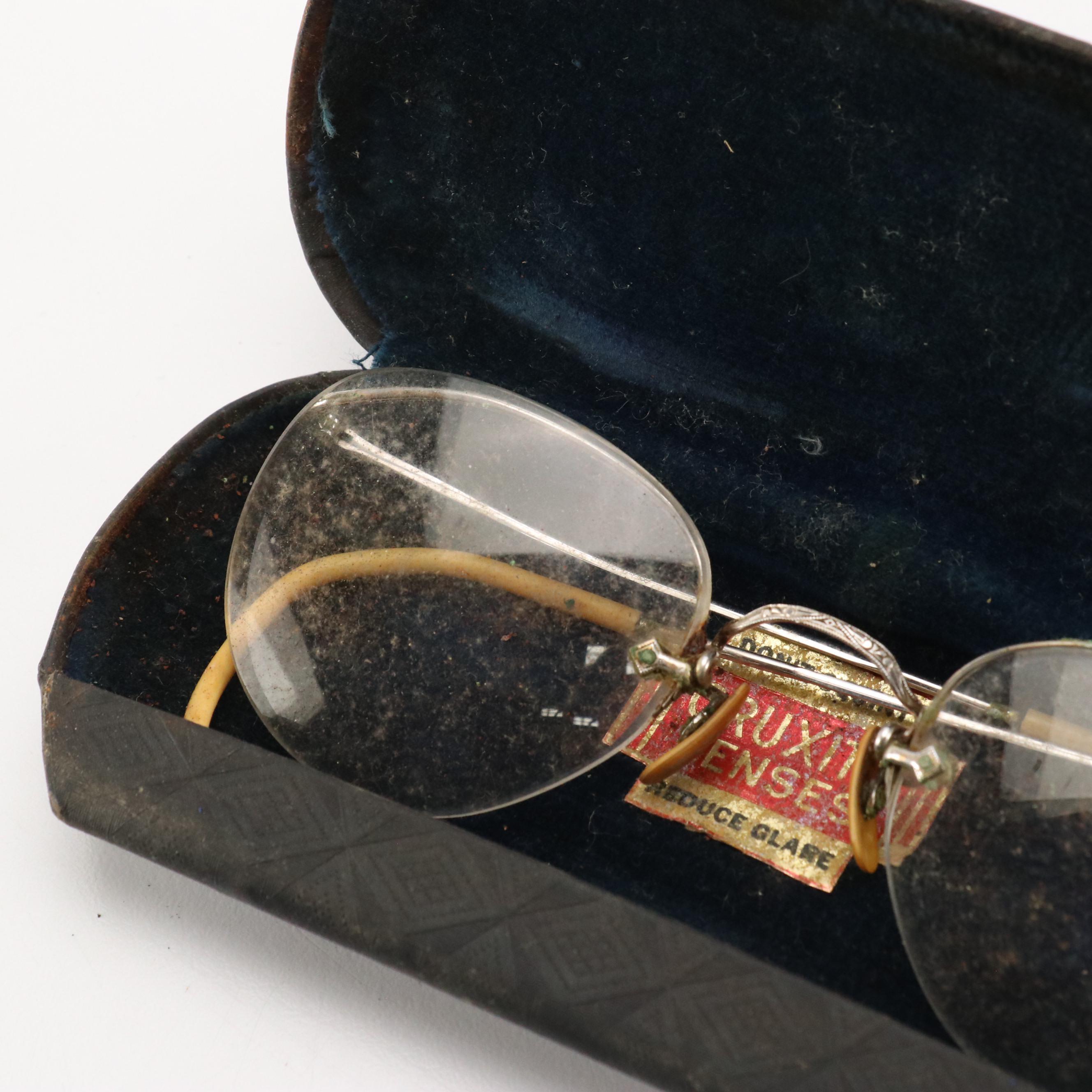 Antique 10K-12K Gold Filled Round Frame Prescription & Pince-Nez Glasses & Cases