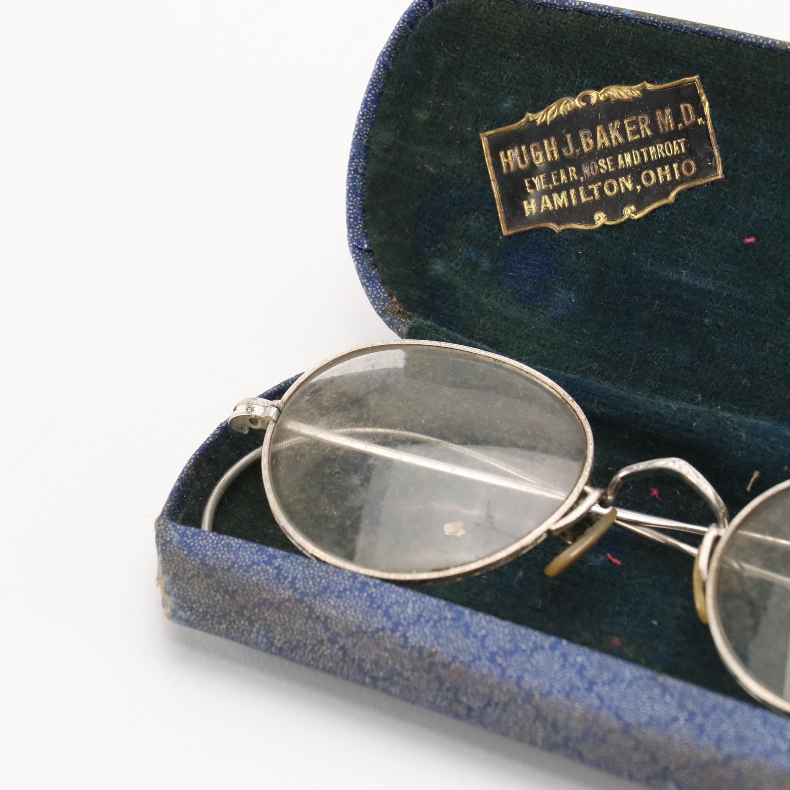 Antique 10K-12K Gold Filled Round Frame Prescription & Pince-Nez Glasses & Cases