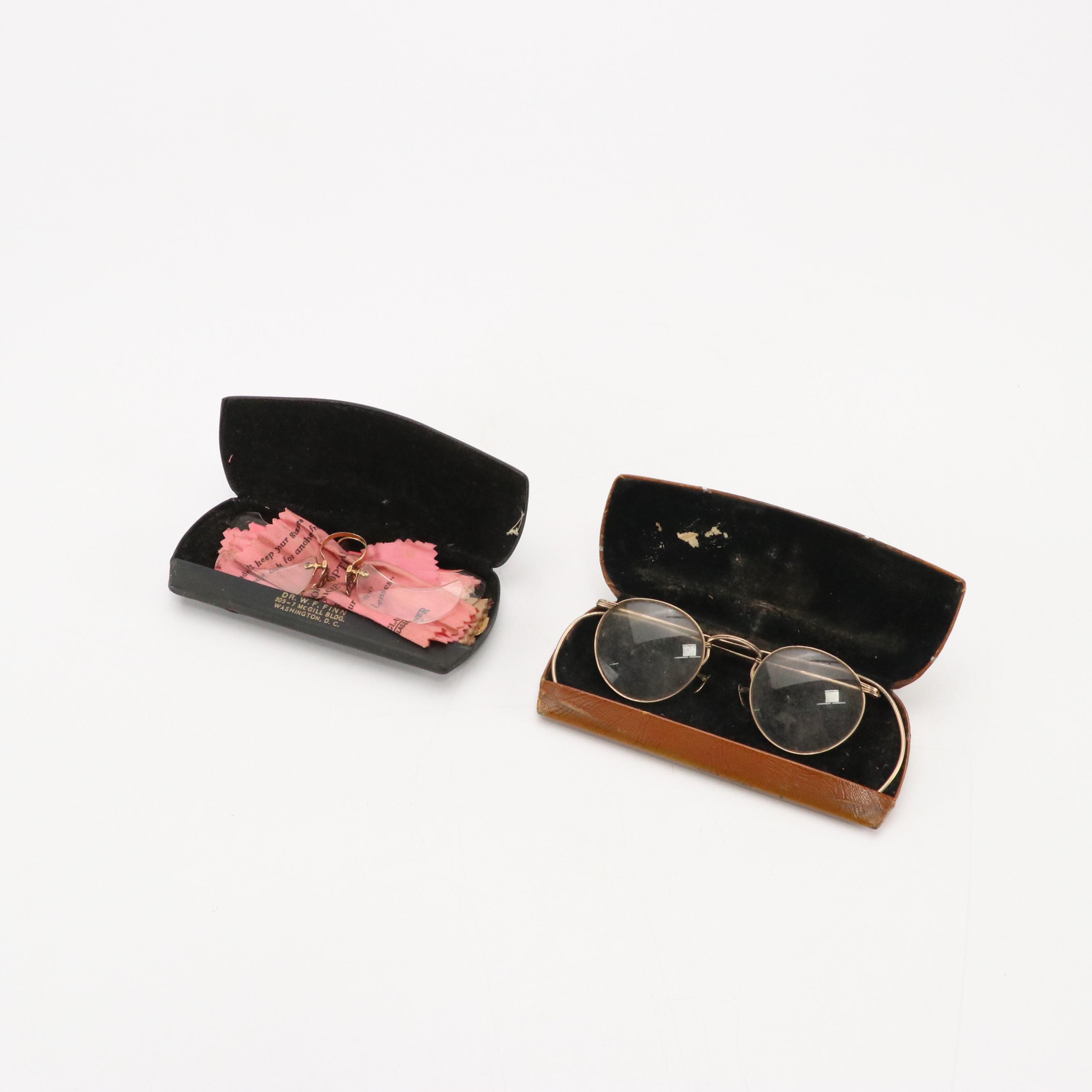 Antique 10K-12K Gold Filled Round Frame Prescription & Pince-Nez Glasses & Cases