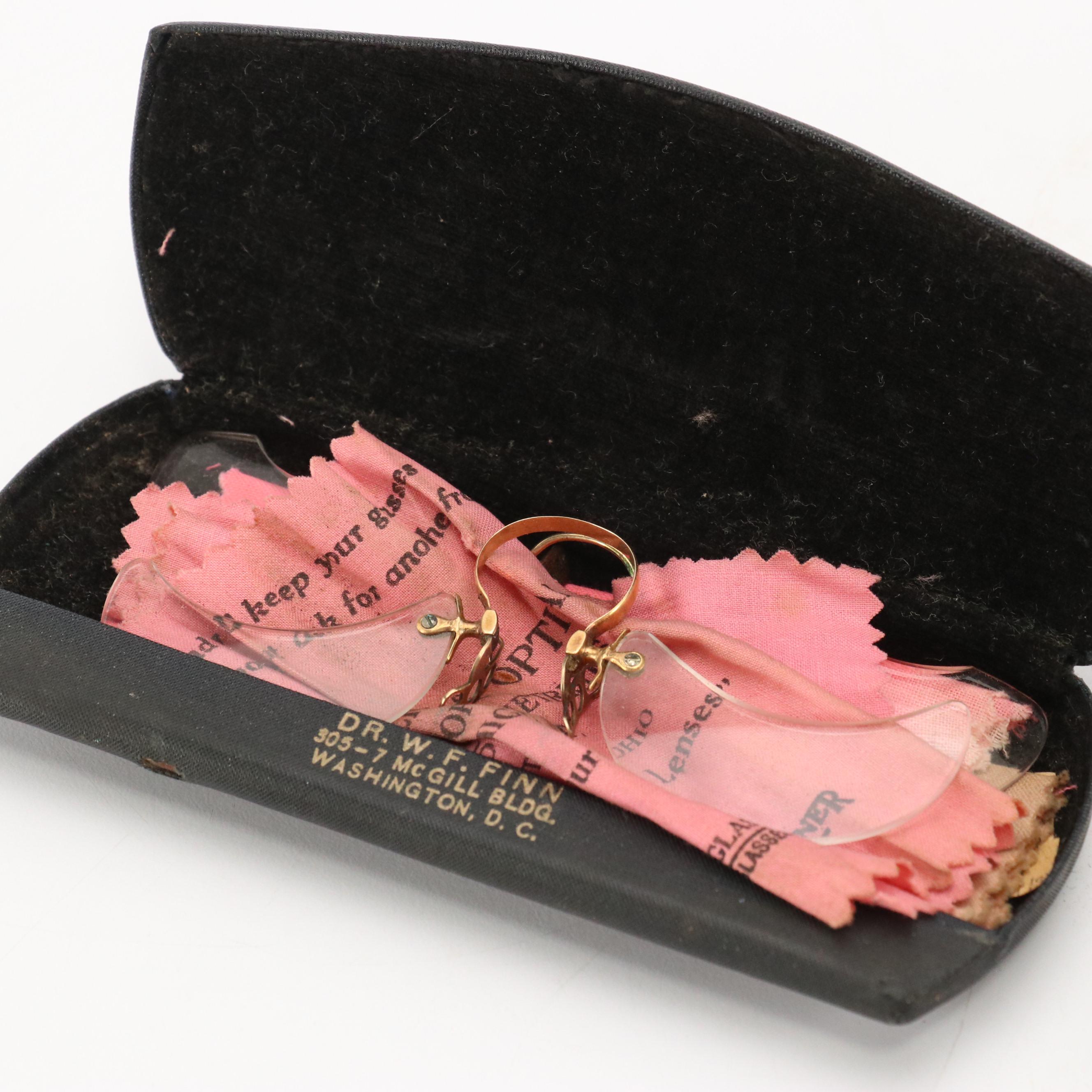 Antique 10K-12K Gold Filled Round Frame Prescription & Pince-Nez Glasses & Cases