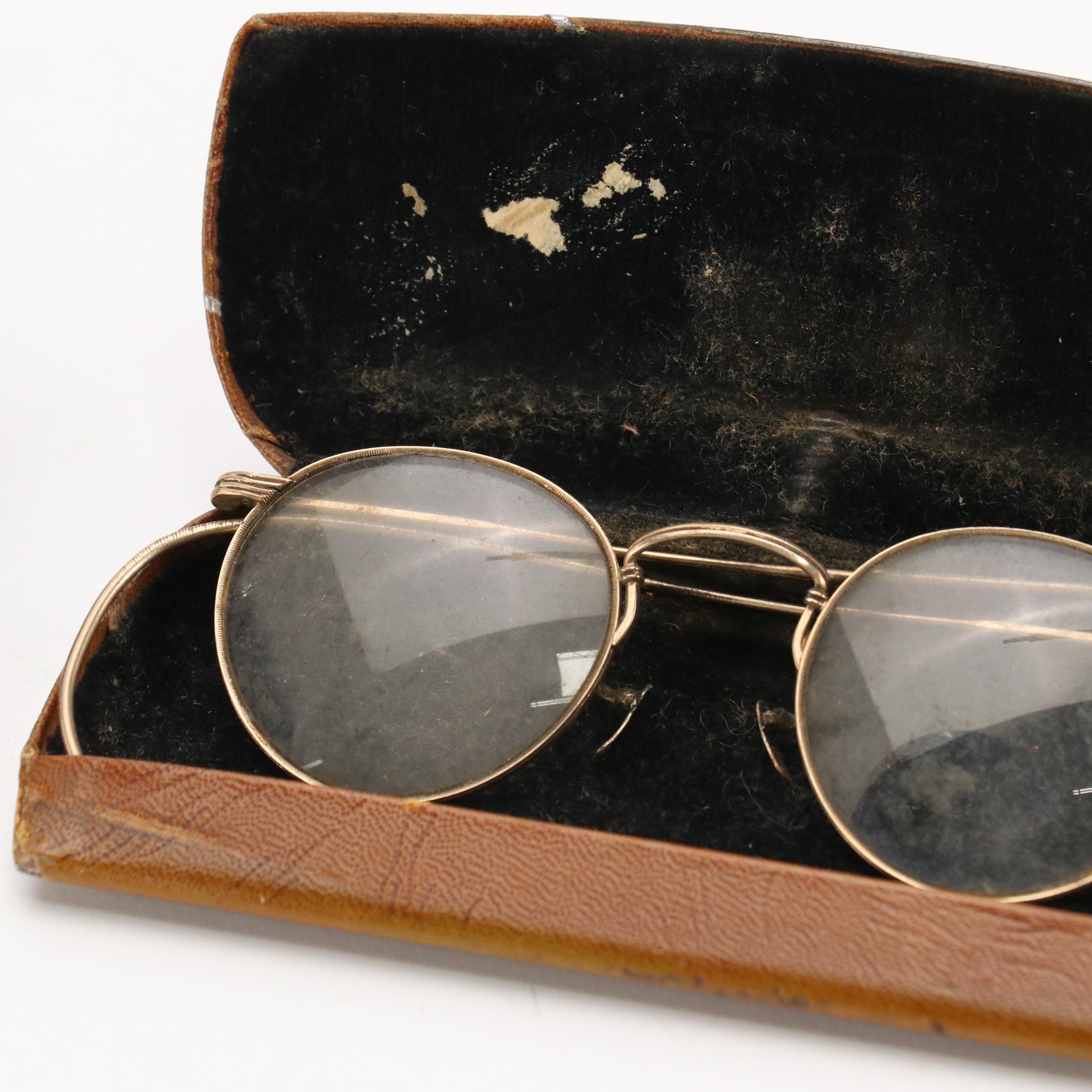 Antique 10K-12K Gold Filled Round Frame Prescription & Pince-Nez Glasses & Cases