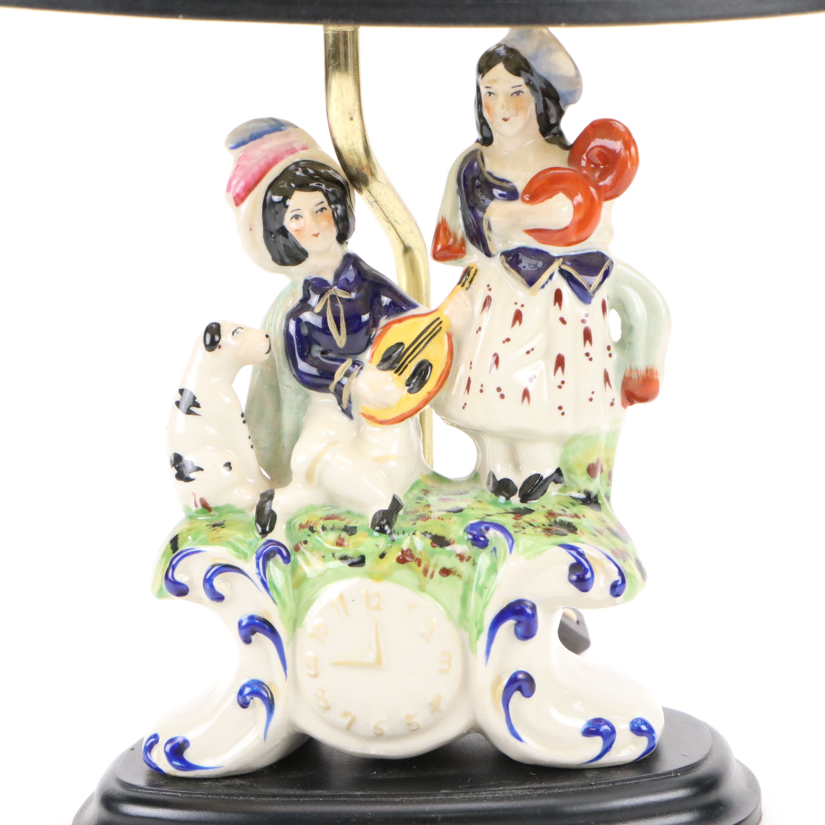 Staffordshire Troubadours and Dog  Faux Clock Converted to Table Lamp
