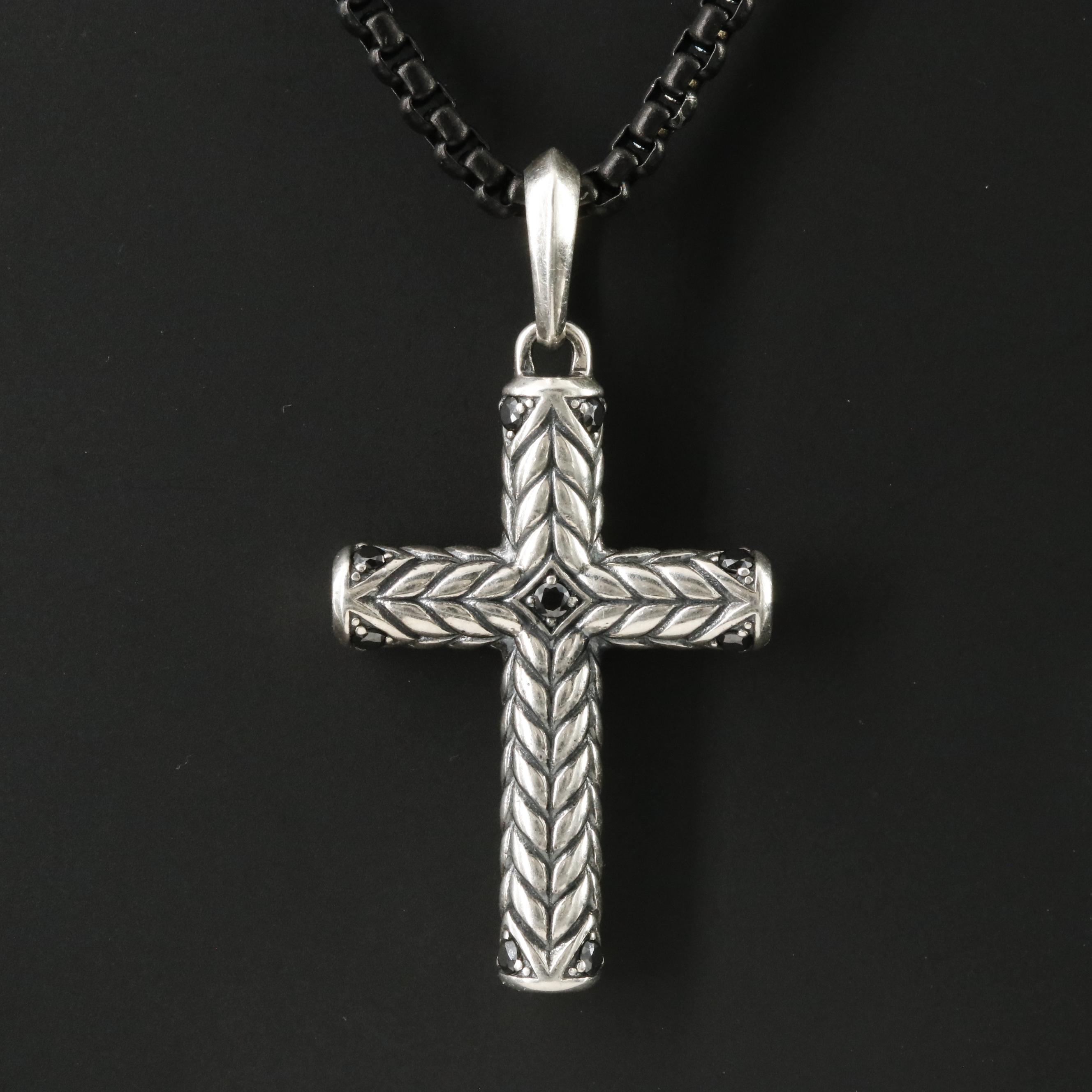 David Yurman Sterling Fancy Diamond Cross Pendant and Stainless Steel Chain