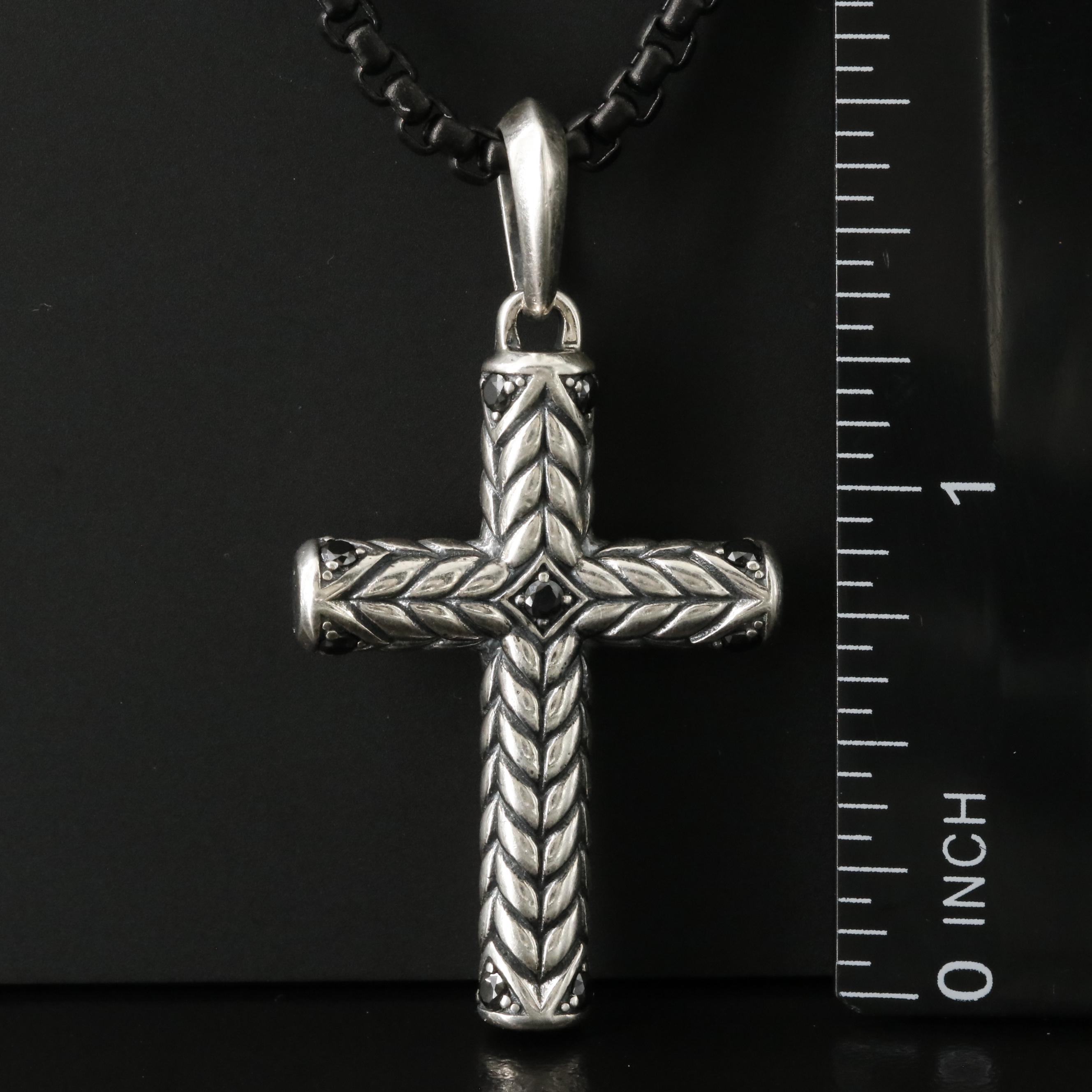 David Yurman Sterling Fancy Diamond Cross Pendant and Stainless Steel Chain
