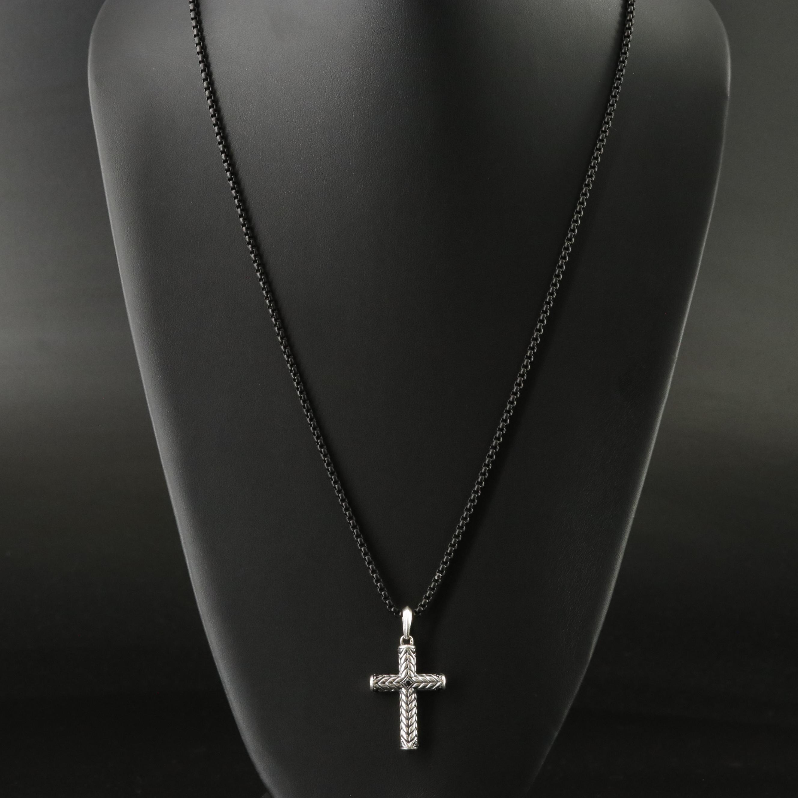 David Yurman Sterling Fancy Diamond Cross Pendant and Stainless Steel Chain