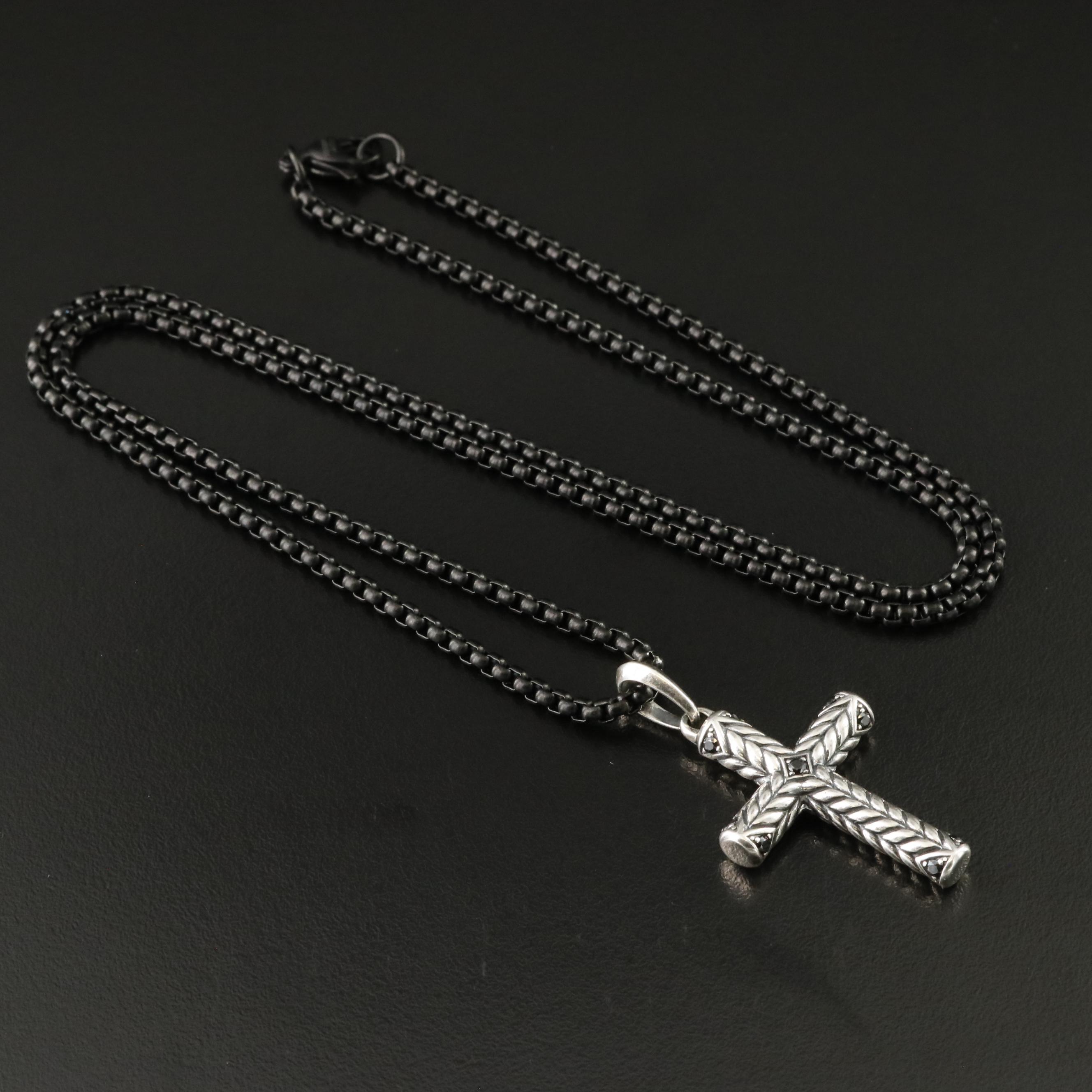 David Yurman Sterling Fancy Diamond Cross Pendant and Stainless Steel Chain